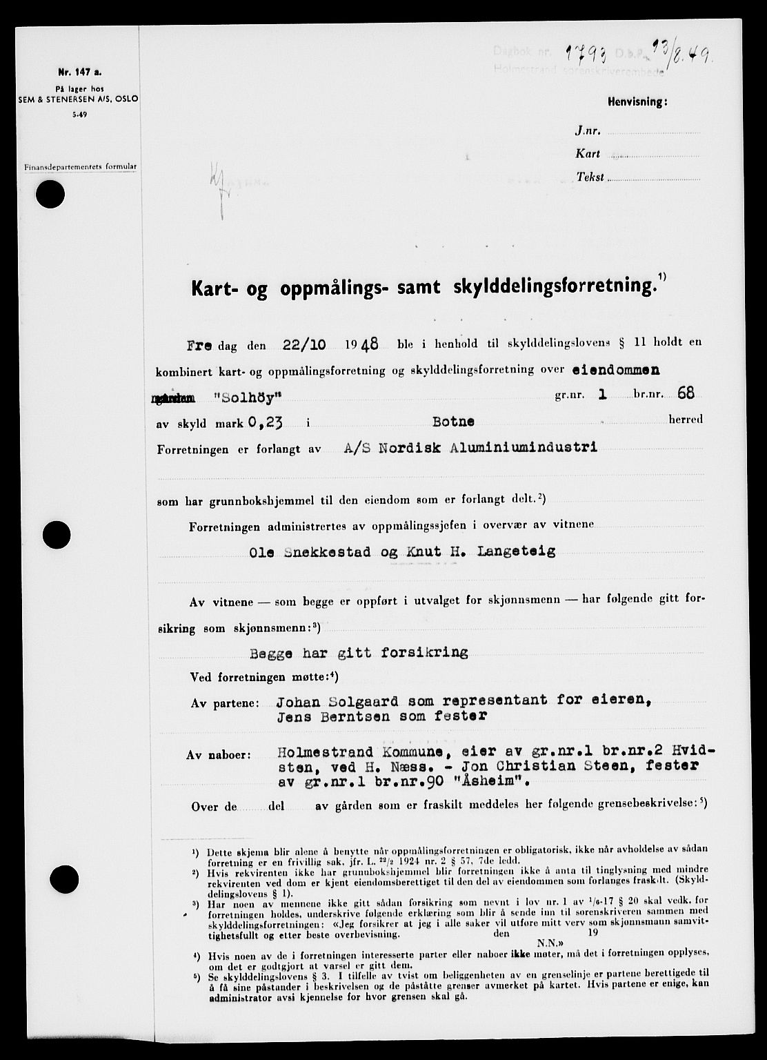 Holmestrand sorenskriveri, SAKO/A-67/G/Ga/Gaa/L0067: Pantebok nr. A-67, 1949-1949, Dagboknr: 1793/1949