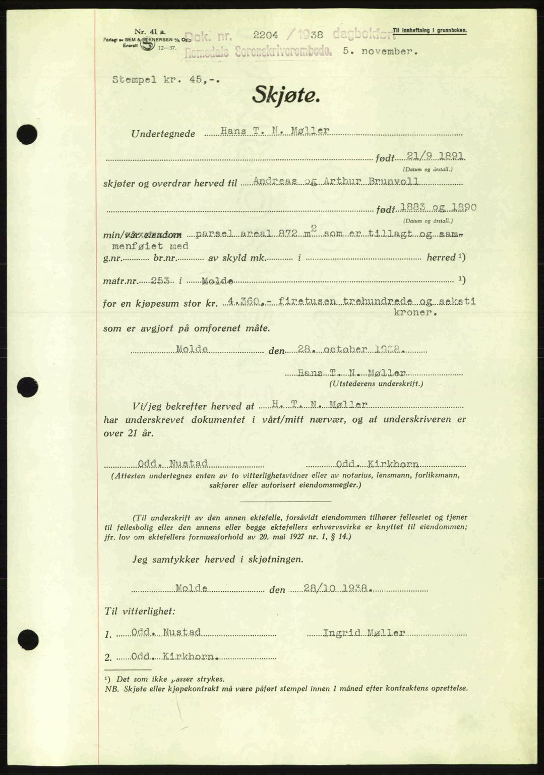 Romsdal sorenskriveri, SAT/A-4149/1/2/2C: Pantebok nr. A5, 1938-1938, Dagboknr: 2204/1938