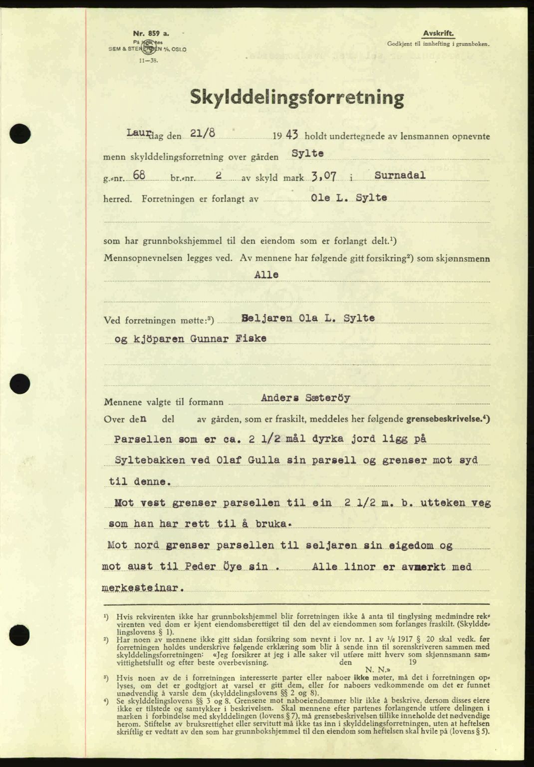 Nordmøre sorenskriveri, AV/SAT-A-4132/1/2/2Ca: Pantebok nr. A95, 1943-1943