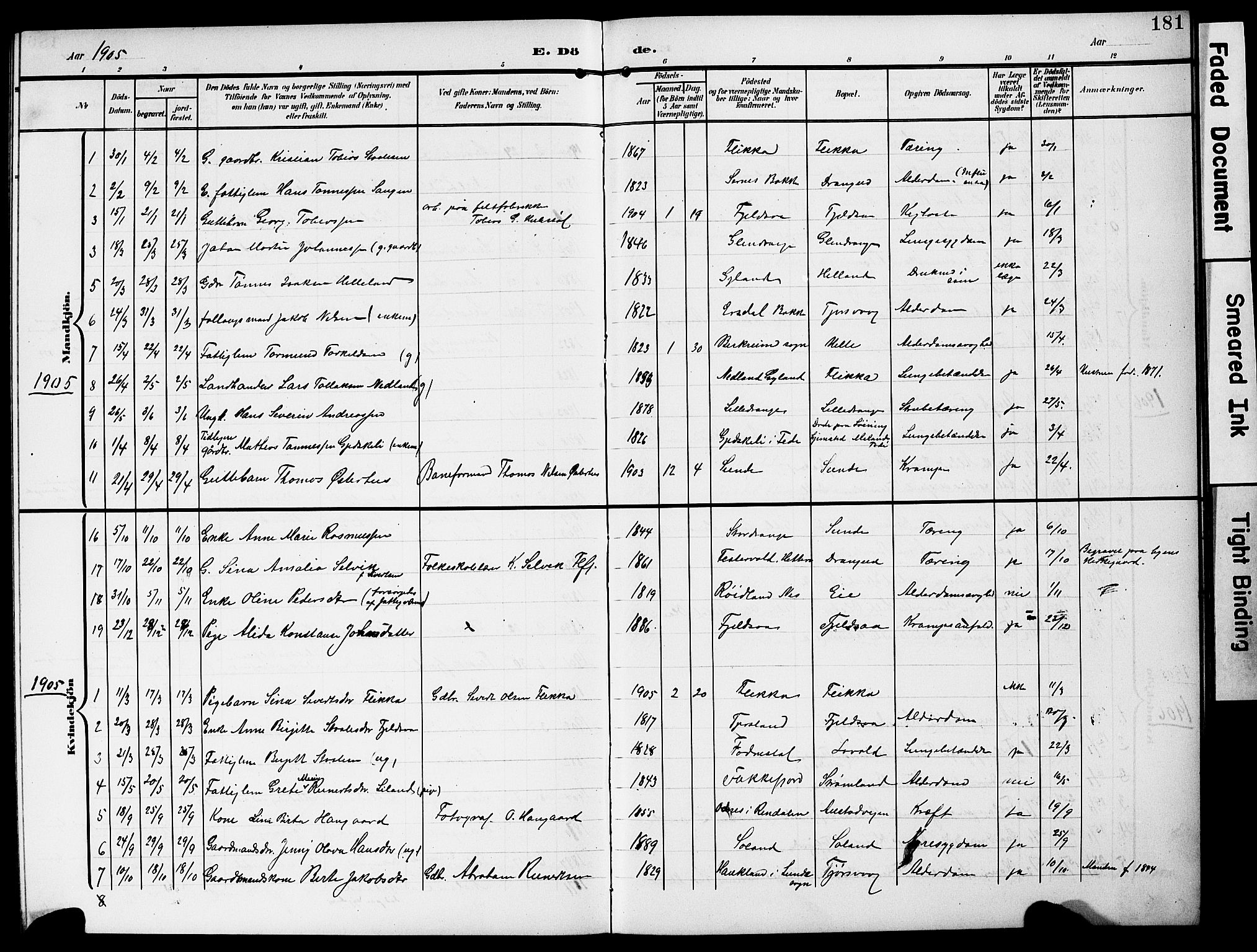 Flekkefjord sokneprestkontor, AV/SAK-1111-0012/F/Fb/Fbc/L0008: Klokkerbok nr. B 8, 1903-1931, s. 181