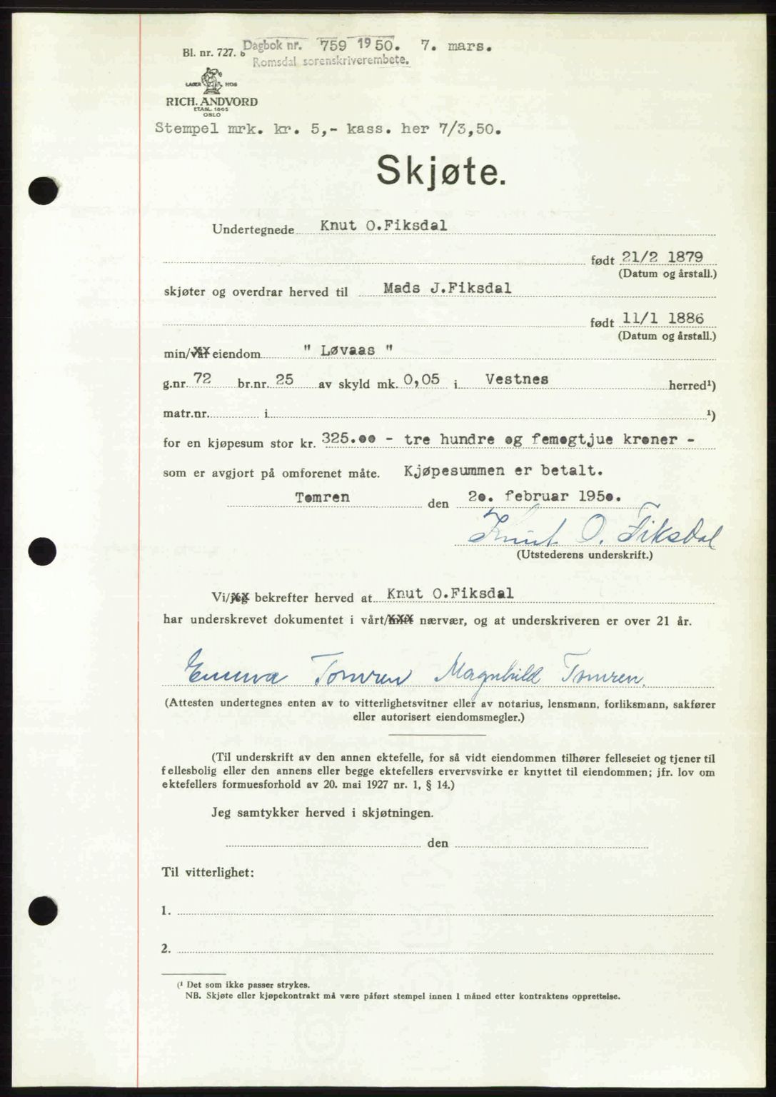 Romsdal sorenskriveri, SAT/A-4149/1/2/2C: Pantebok nr. A32, 1950-1950, Dagboknr: 759/1950