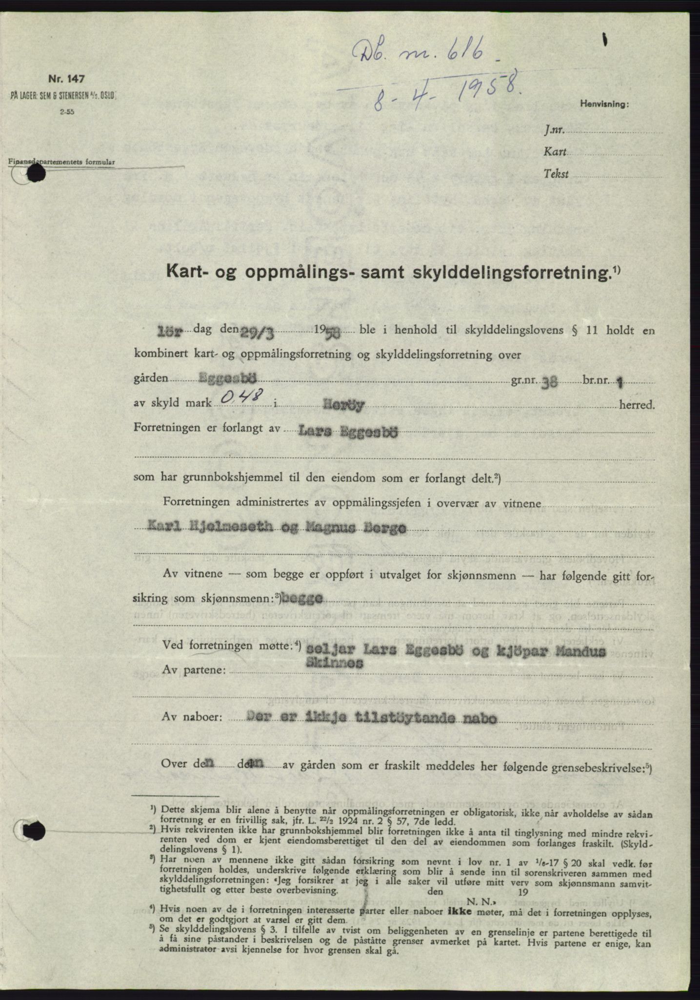 Søre Sunnmøre sorenskriveri, SAT/A-4122/1/2/2C/L0109: Pantebok nr. 35A, 1958-1958, Dagboknr: 616/1958