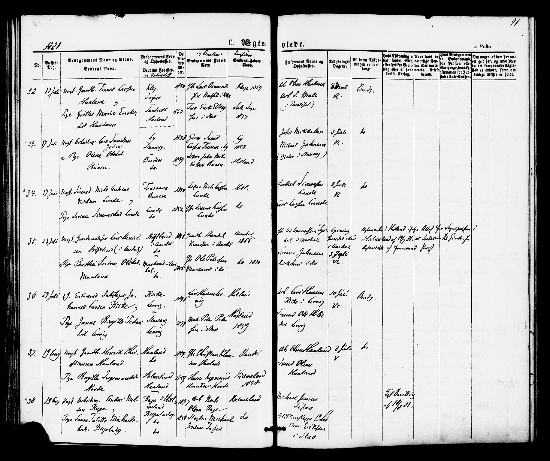 Hetland sokneprestkontor, AV/SAST-A-101826/30/30BA/L0005: Ministerialbok nr. A 5, 1869-1884, s. 91