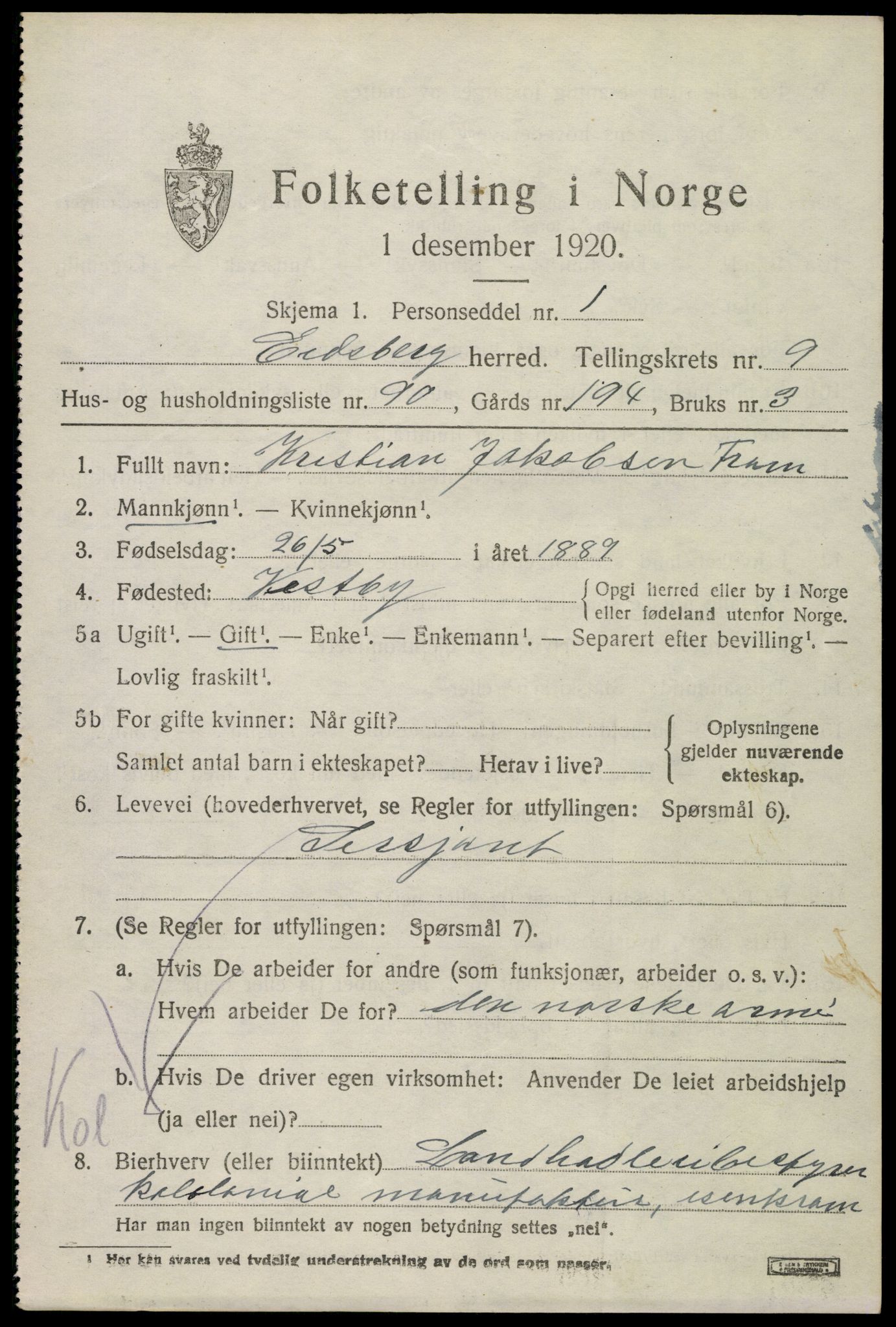 SAO, Folketelling 1920 for 0125 Eidsberg herred, 1920, s. 11429