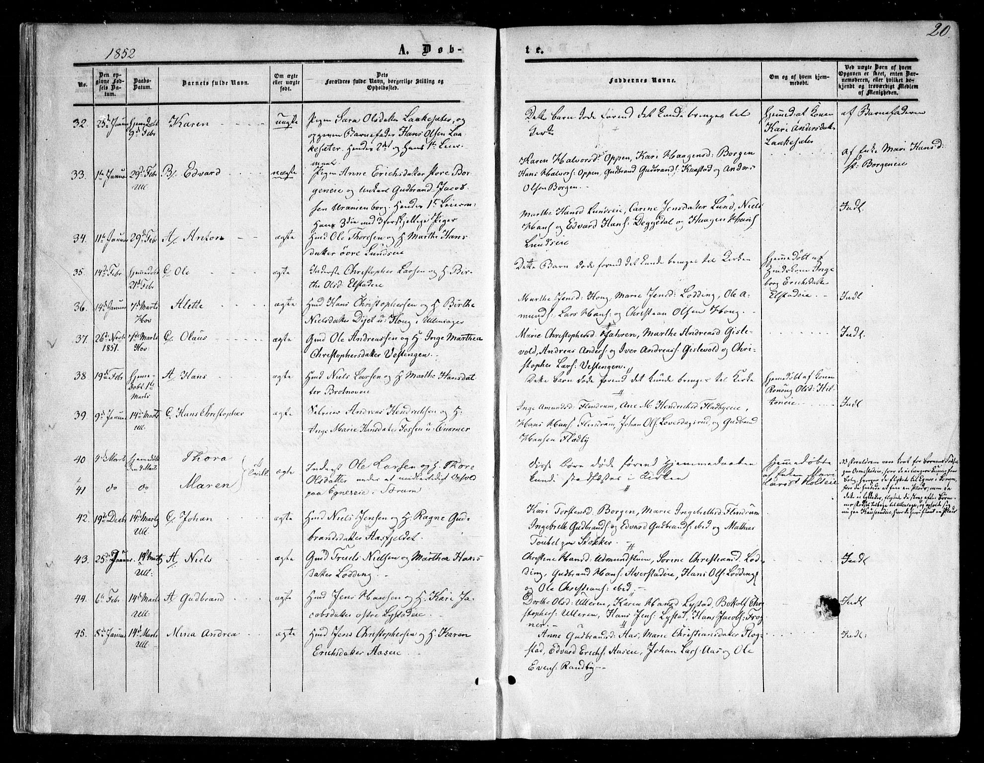 Ullensaker prestekontor Kirkebøker, AV/SAO-A-10236a/F/Fa/L0015.a: Ministerialbok nr. I 15A, 1851-1862, s. 20