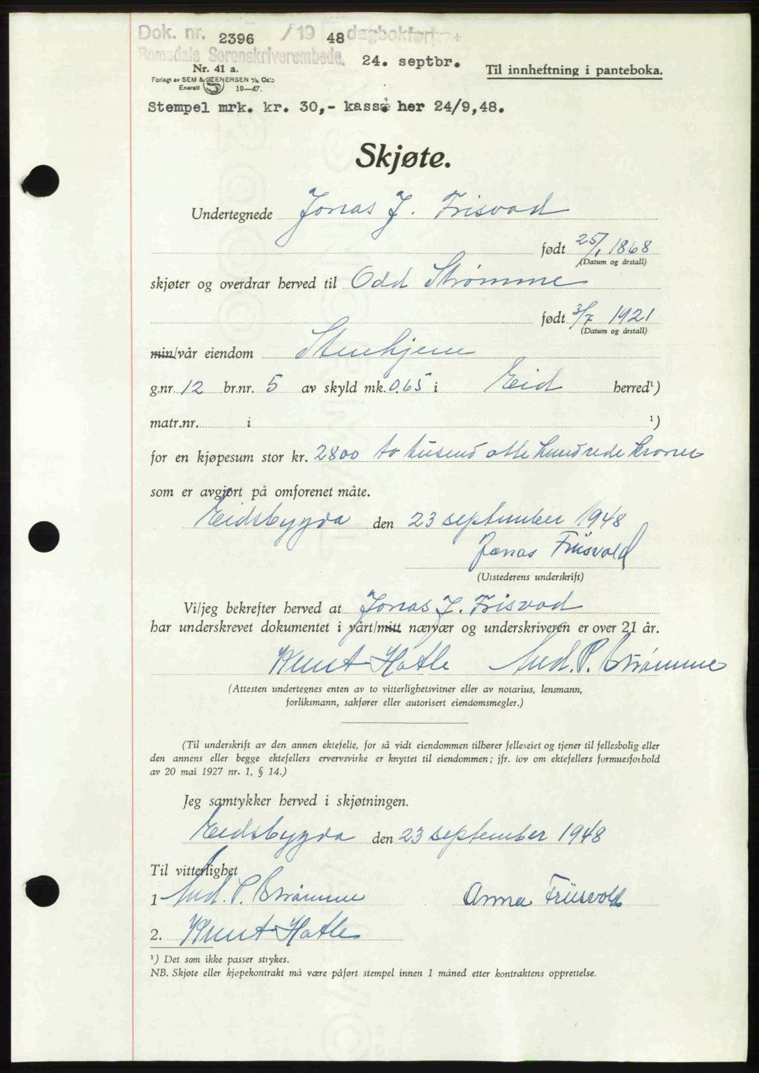 Romsdal sorenskriveri, AV/SAT-A-4149/1/2/2C: Pantebok nr. A27, 1948-1948, Dagboknr: 2396/1948