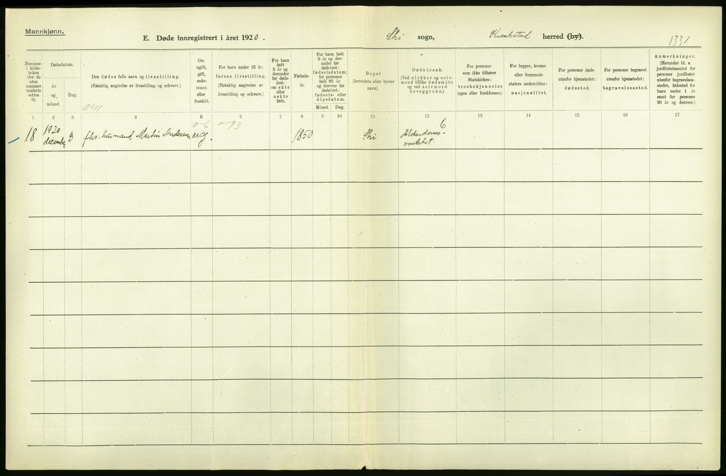 Statistisk sentralbyrå, Sosiodemografiske emner, Befolkning, AV/RA-S-2228/D/Df/Dfb/Dfbj/L0007: Akershus fylke: Døde. Bygder og byer., 1920, s. 14
