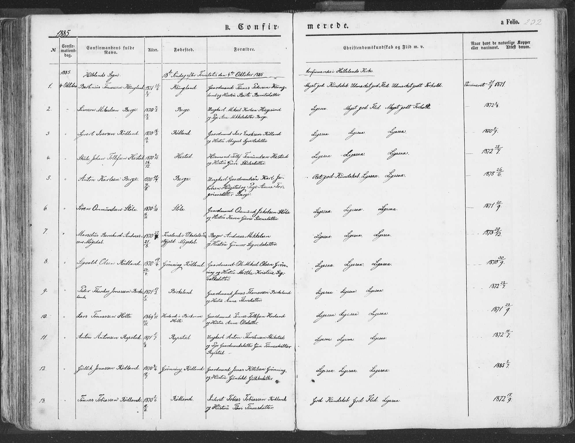 Helleland sokneprestkontor, SAST/A-101810: Ministerialbok nr. A 7.1, 1863-1886, s. 232