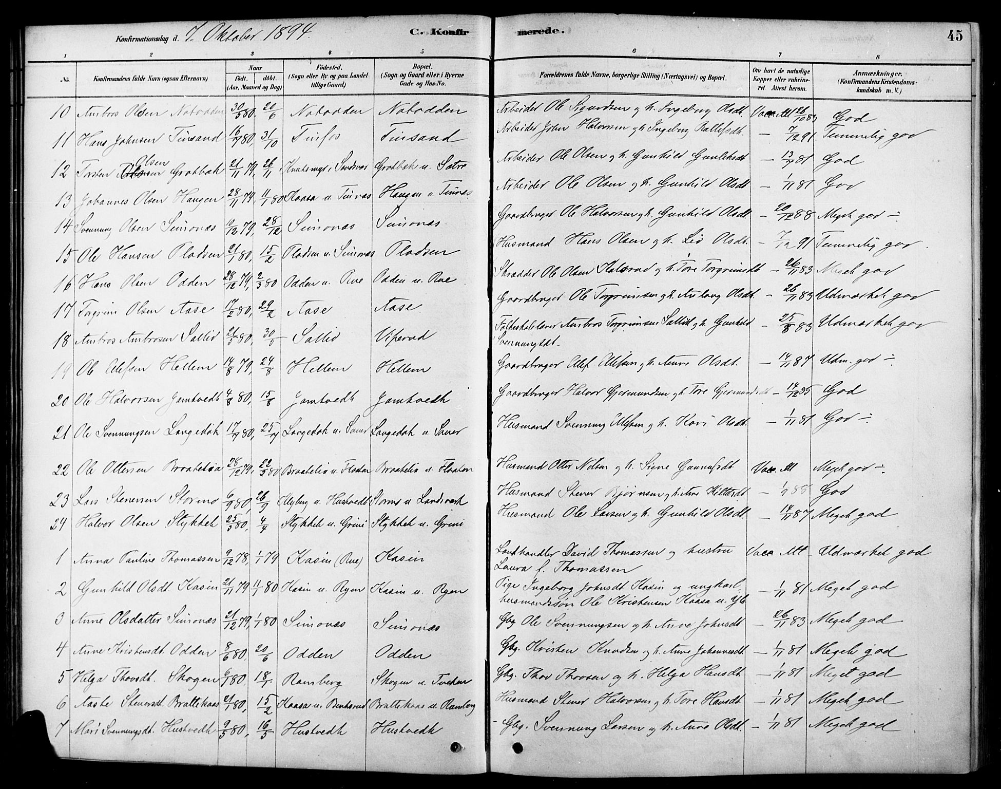 Heddal kirkebøker, AV/SAKO-A-268/F/Fa/L0009: Ministerialbok nr. I 9, 1878-1903, s. 45