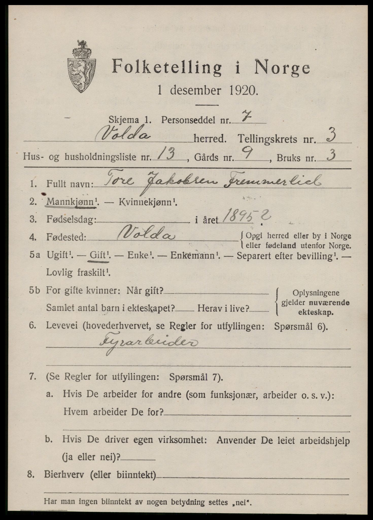 SAT, Folketelling 1920 for 1519 Volda herred, 1920, s. 2502