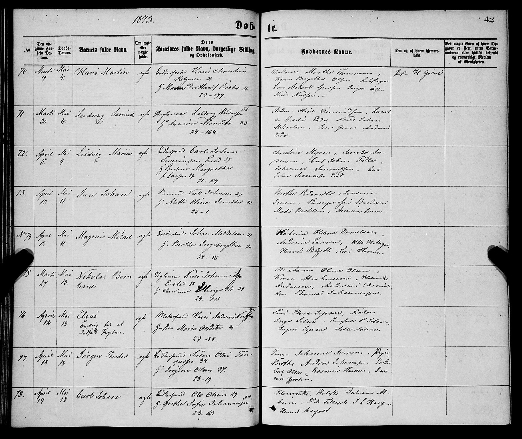 Korskirken sokneprestembete, AV/SAB-A-76101/H/Haa/L0020: Ministerialbok nr. B 6, 1871-1878, s. 42