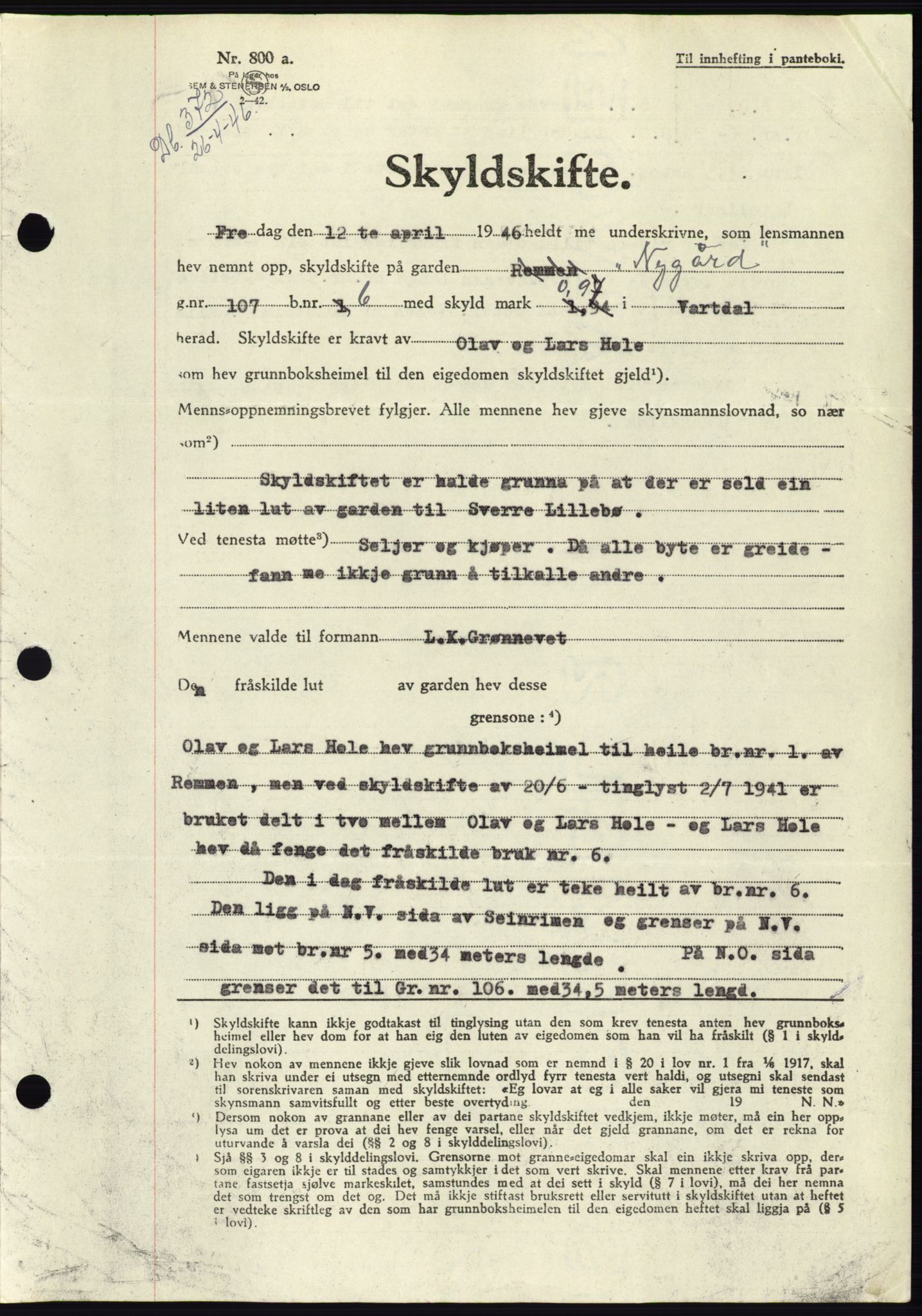 Søre Sunnmøre sorenskriveri, AV/SAT-A-4122/1/2/2C/L0078: Pantebok nr. 4A, 1946-1946, Dagboknr: 372/1946