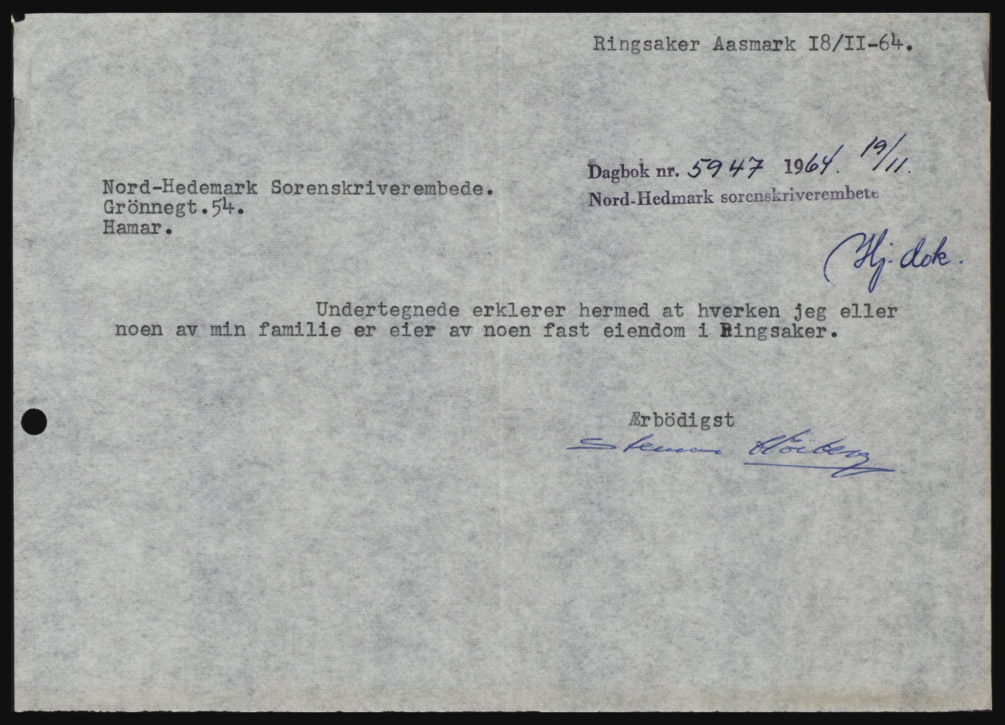 Nord-Hedmark sorenskriveri, SAH/TING-012/H/Hc/L0020: Pantebok nr. 20, 1964-1964, Dagboknr: 5947/1964
