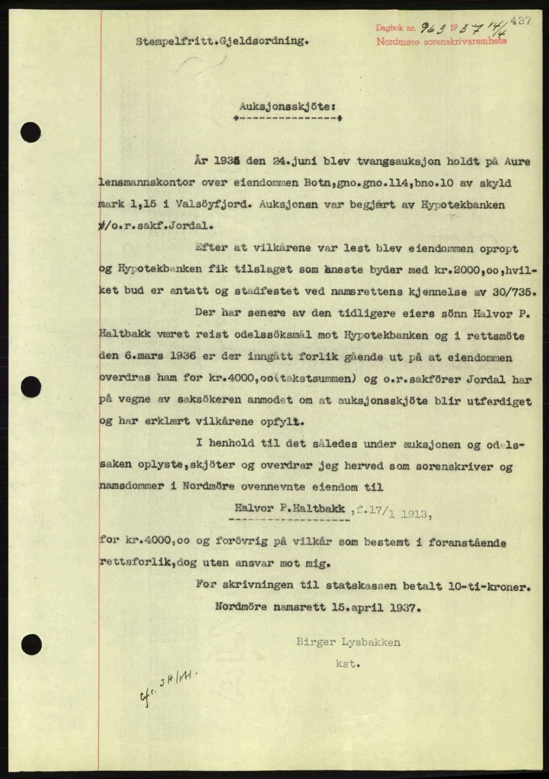 Nordmøre sorenskriveri, SAT/A-4132/1/2/2Ca: Pantebok nr. A81, 1937-1937, Dagboknr: 963/1937