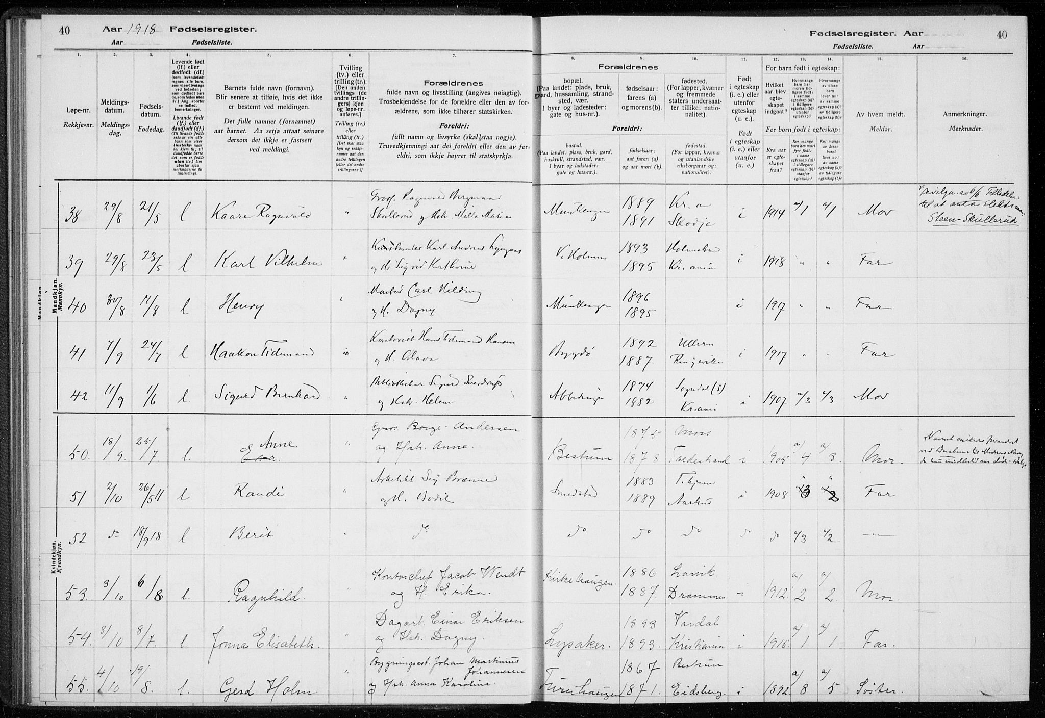 Ullern prestekontor Kirkebøker, AV/SAO-A-10740/J/L0001: Fødselsregister nr. 1, 1916-1928, s. 40