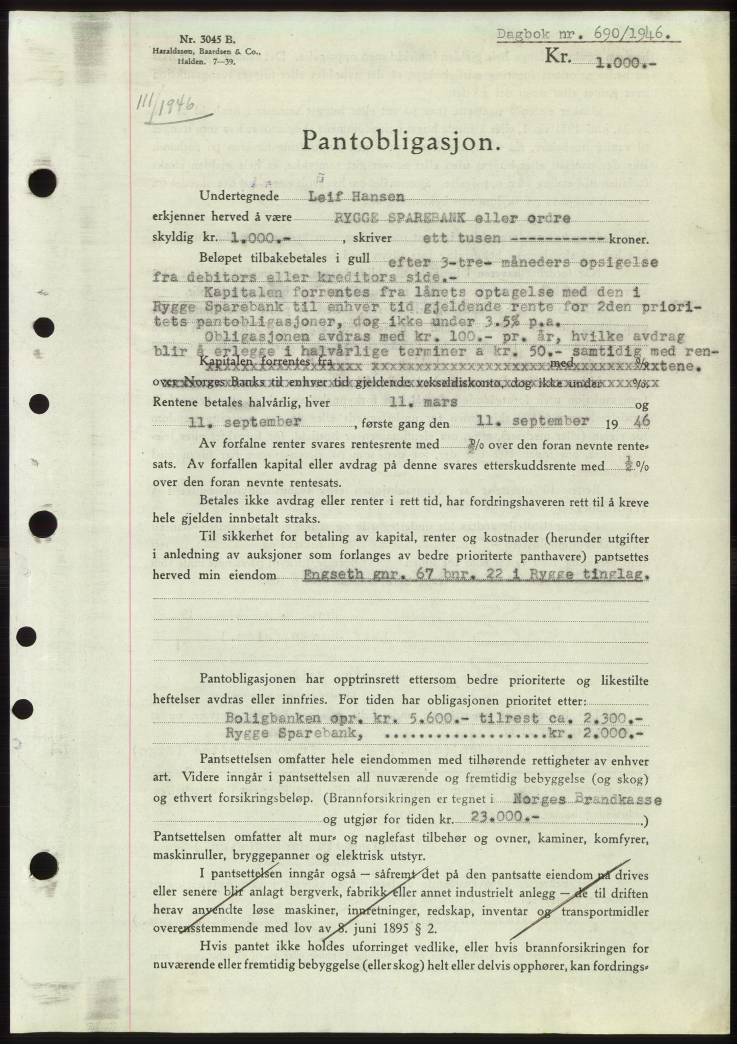 Moss sorenskriveri, SAO/A-10168: Pantebok nr. B15, 1946-1946, Dagboknr: 690/1946
