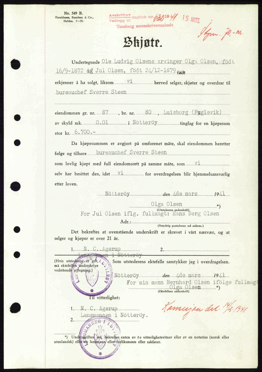 Tønsberg sorenskriveri, AV/SAKO-A-130/G/Ga/Gaa/L0010: Pantebok nr. A10, 1941-1941, Dagboknr: 630/1941