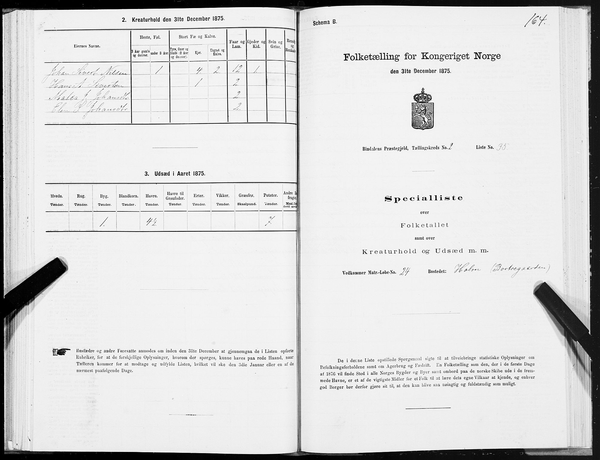 SAT, Folketelling 1875 for 1811P Bindal prestegjeld, 1875, s. 1164