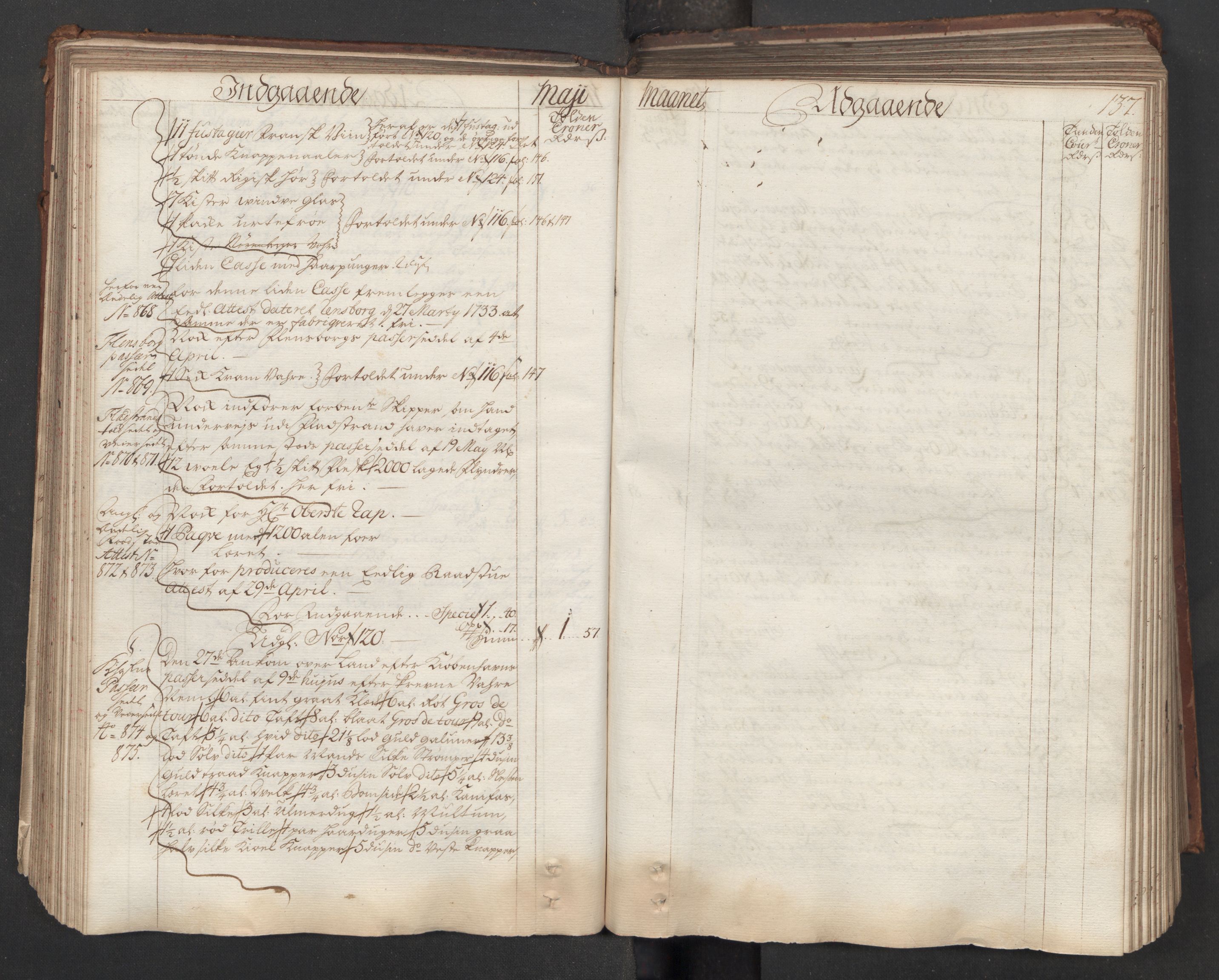 Generaltollkammeret, tollregnskaper, AV/RA-EA-5490/R06/L0015/0001: Tollregnskaper Kristiania / Hovedtollbok, 1733, s. 136b-137a