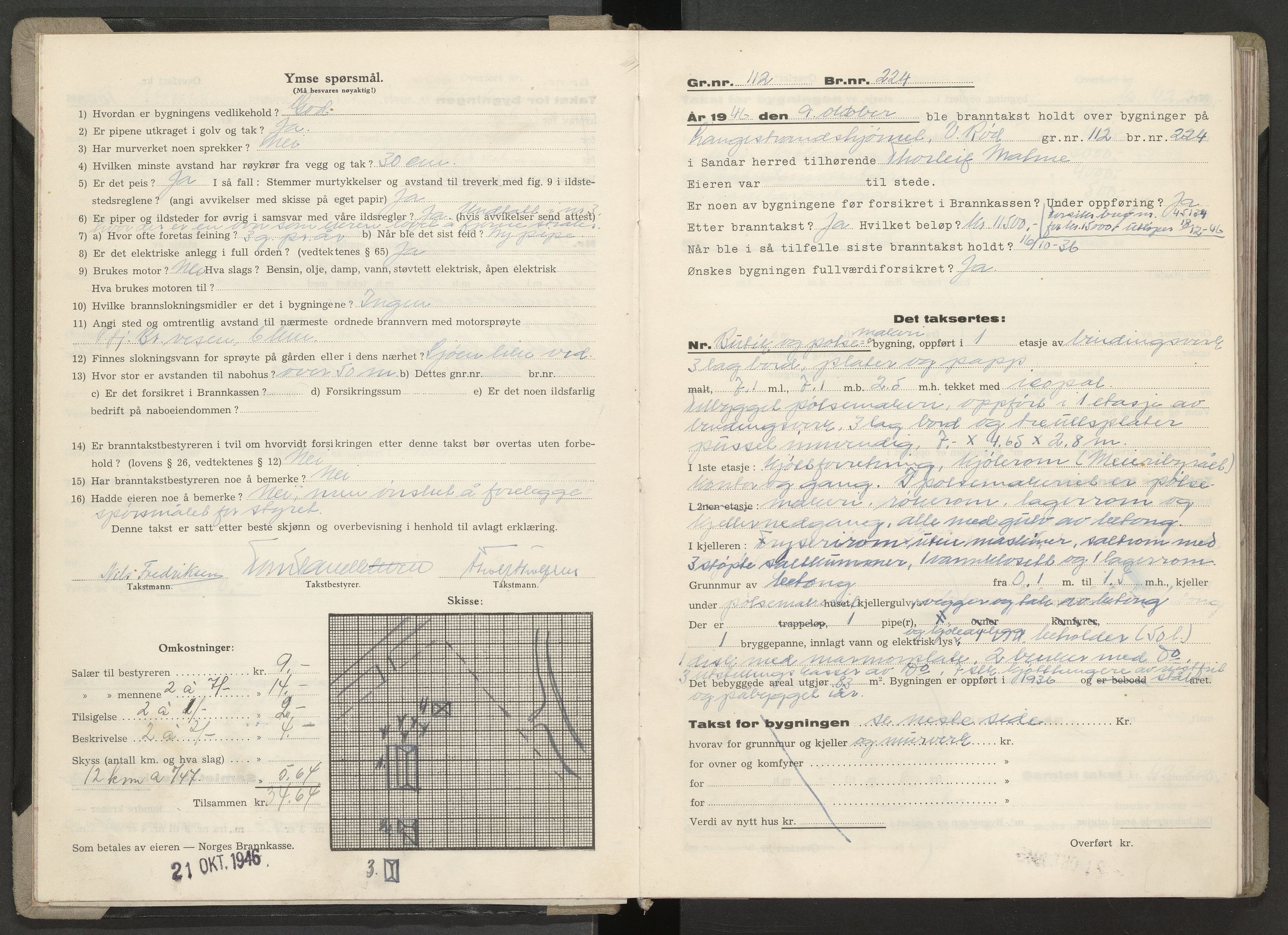 Sandar lensmannskontor, AV/SAKO-A-545/Y/Yc/Yca/L0038: Branntakstprotokoll, 1946-1947
