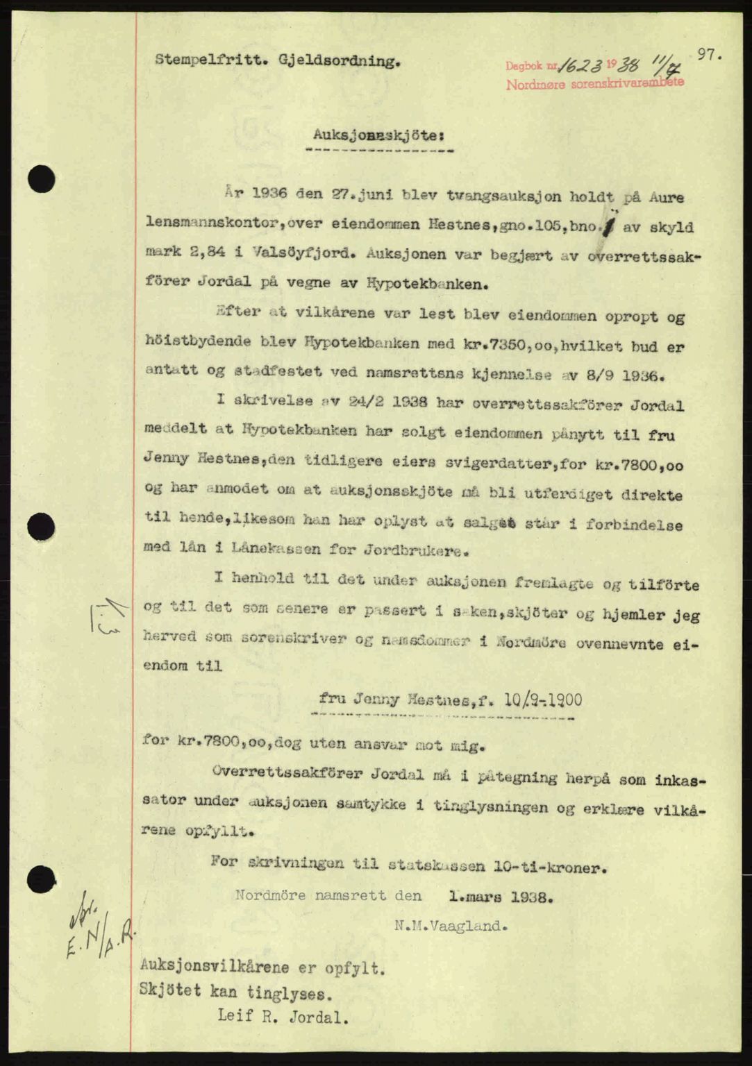 Nordmøre sorenskriveri, SAT/A-4132/1/2/2Ca: Pantebok nr. A84, 1938-1938, Dagboknr: 1623/1938