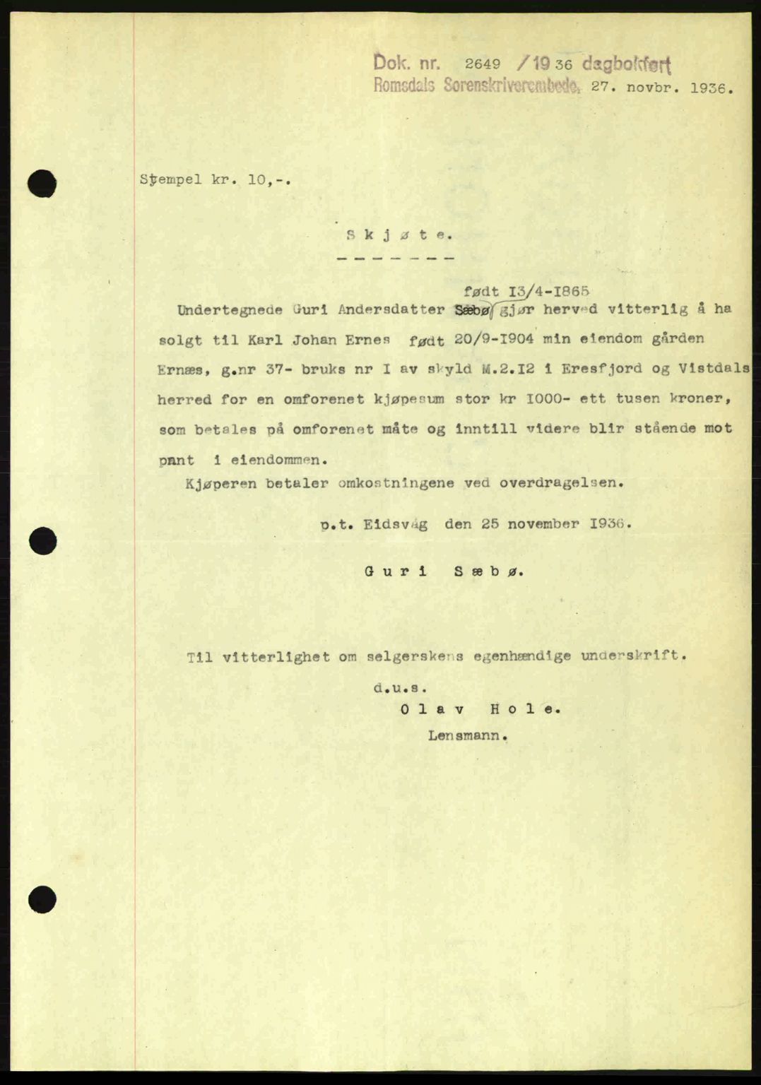 Romsdal sorenskriveri, SAT/A-4149/1/2/2C: Pantebok nr. A2, 1936-1937, Dagboknr: 2649/1936