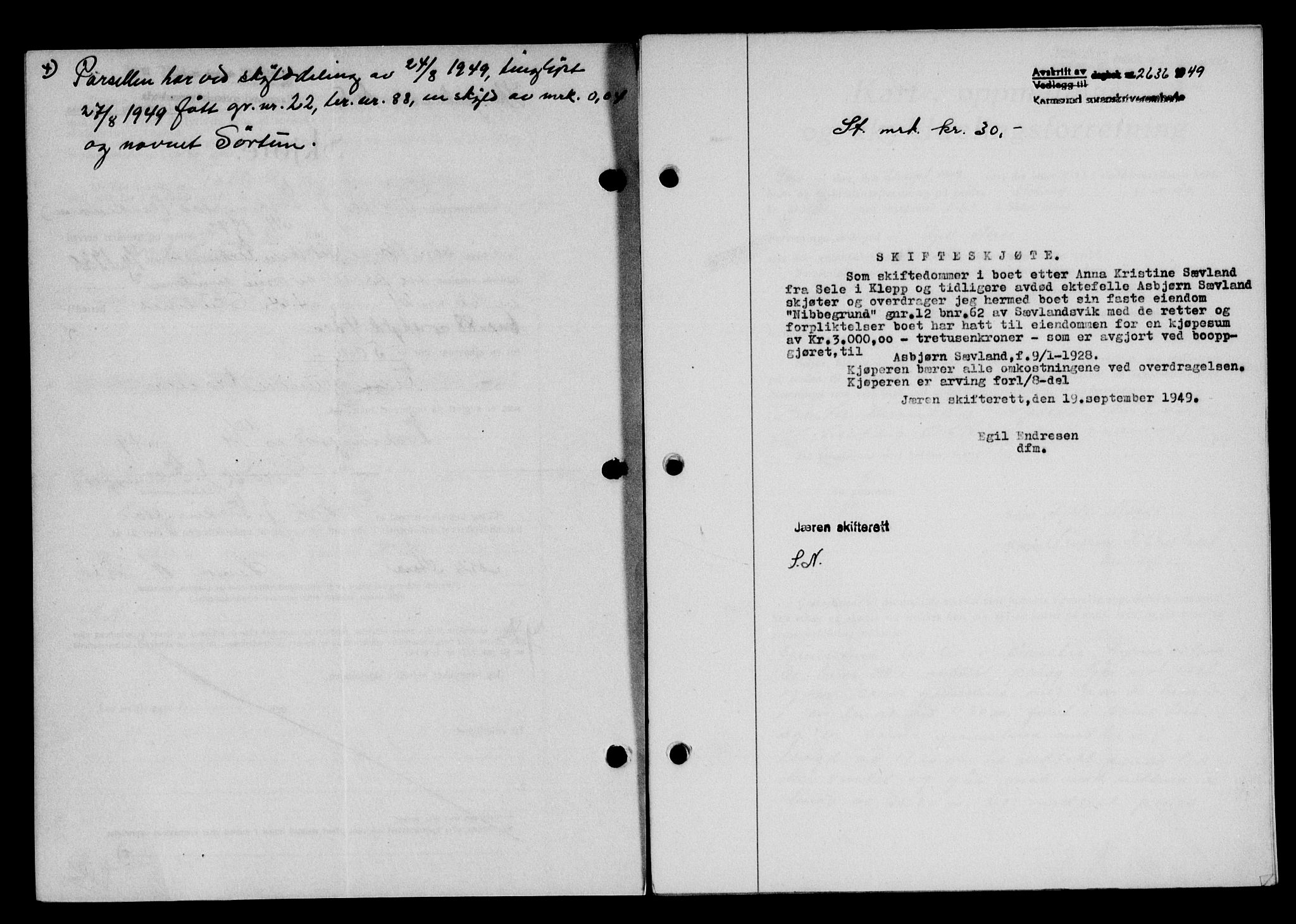 Karmsund sorenskriveri, SAST/A-100311/01/II/IIB/L0097: Pantebok nr. 77A, 1949-1949, Dagboknr: 2636/1949