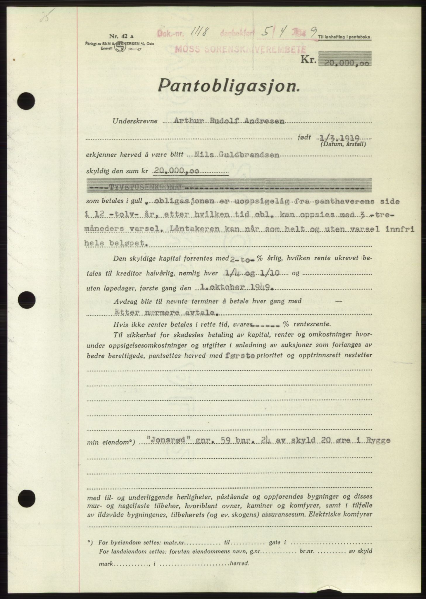 Moss sorenskriveri, SAO/A-10168: Pantebok nr. B21, 1949-1949, Dagboknr: 1118/1949
