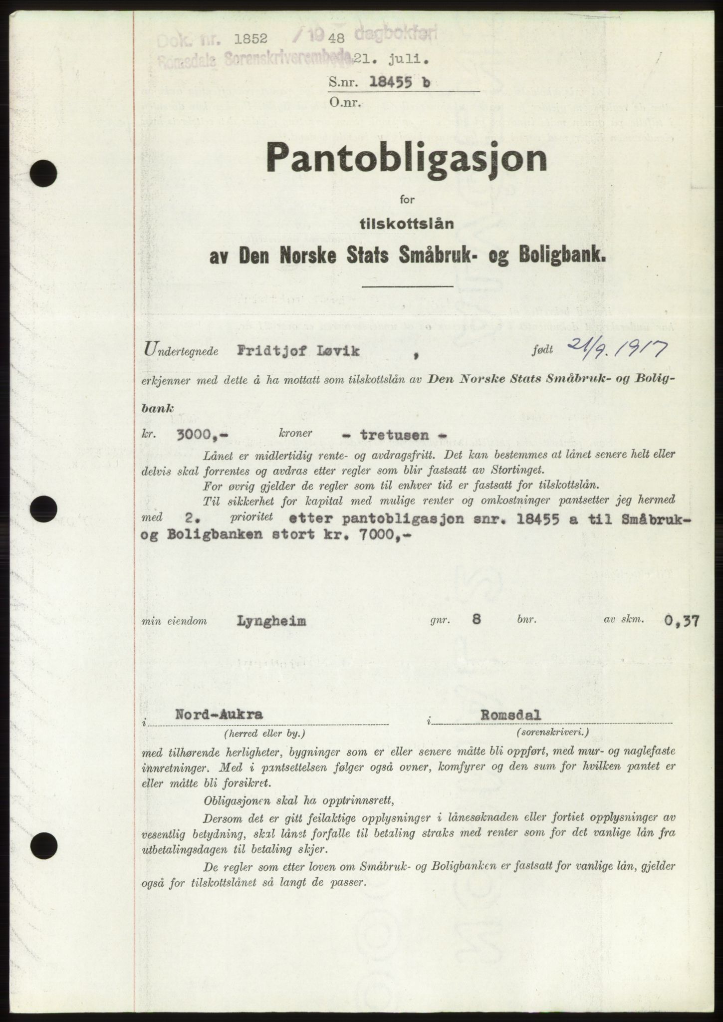 Romsdal sorenskriveri, SAT/A-4149/1/2/2C: Pantebok nr. B4, 1948-1949, Dagboknr: 1852/1948