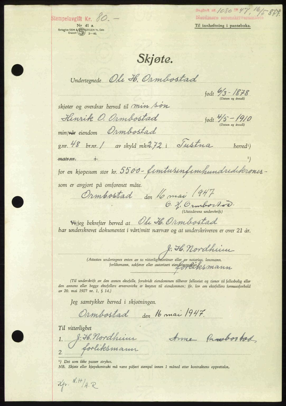 Nordmøre sorenskriveri, SAT/A-4132/1/2/2Ca: Pantebok nr. A104, 1947-1947, Dagboknr: 1080/1947