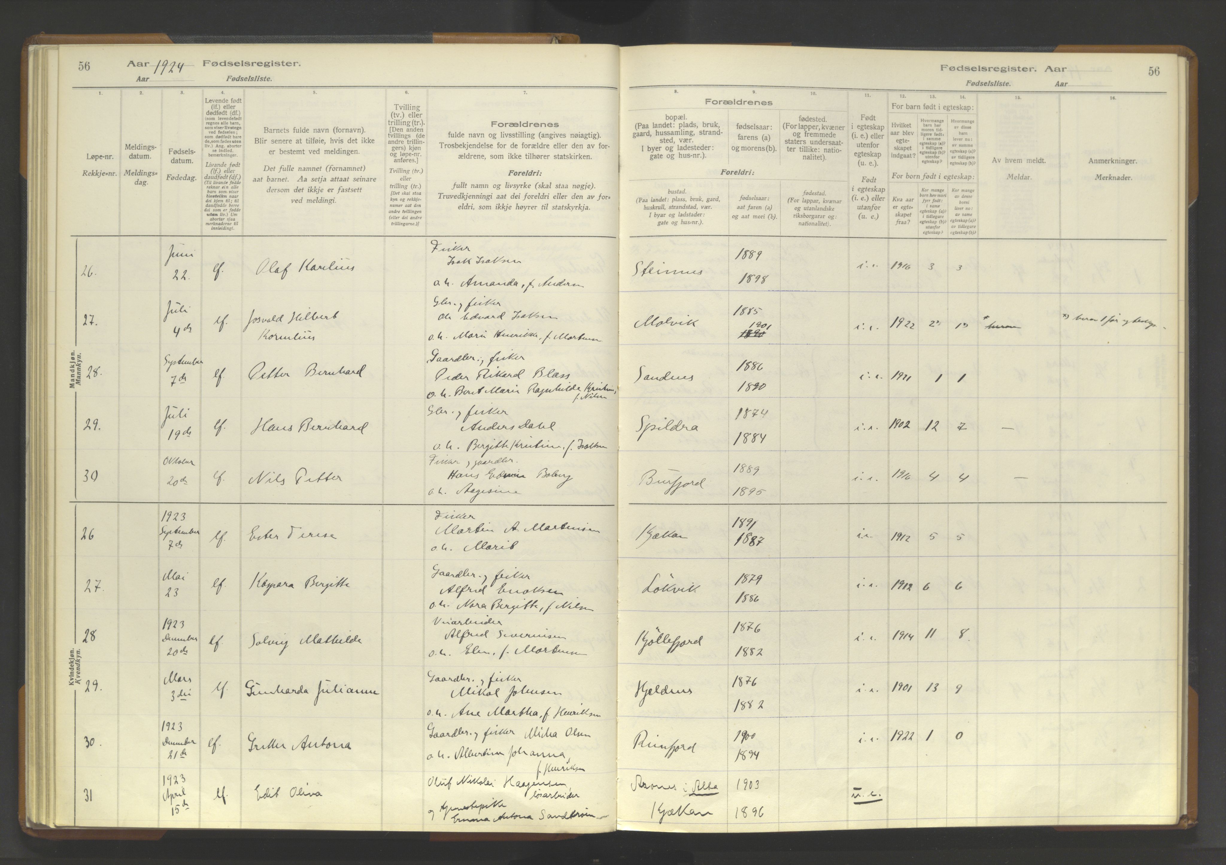 Skjervøy sokneprestkontor, AV/SATØ-S-1300/I/Ia/L0062: Fødselsregister nr. 62, 1916-1950, s. 56