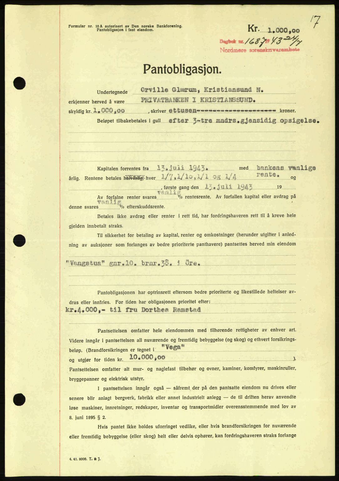 Nordmøre sorenskriveri, AV/SAT-A-4132/1/2/2Ca: Pantebok nr. B91, 1943-1944, Dagboknr: 1687/1943