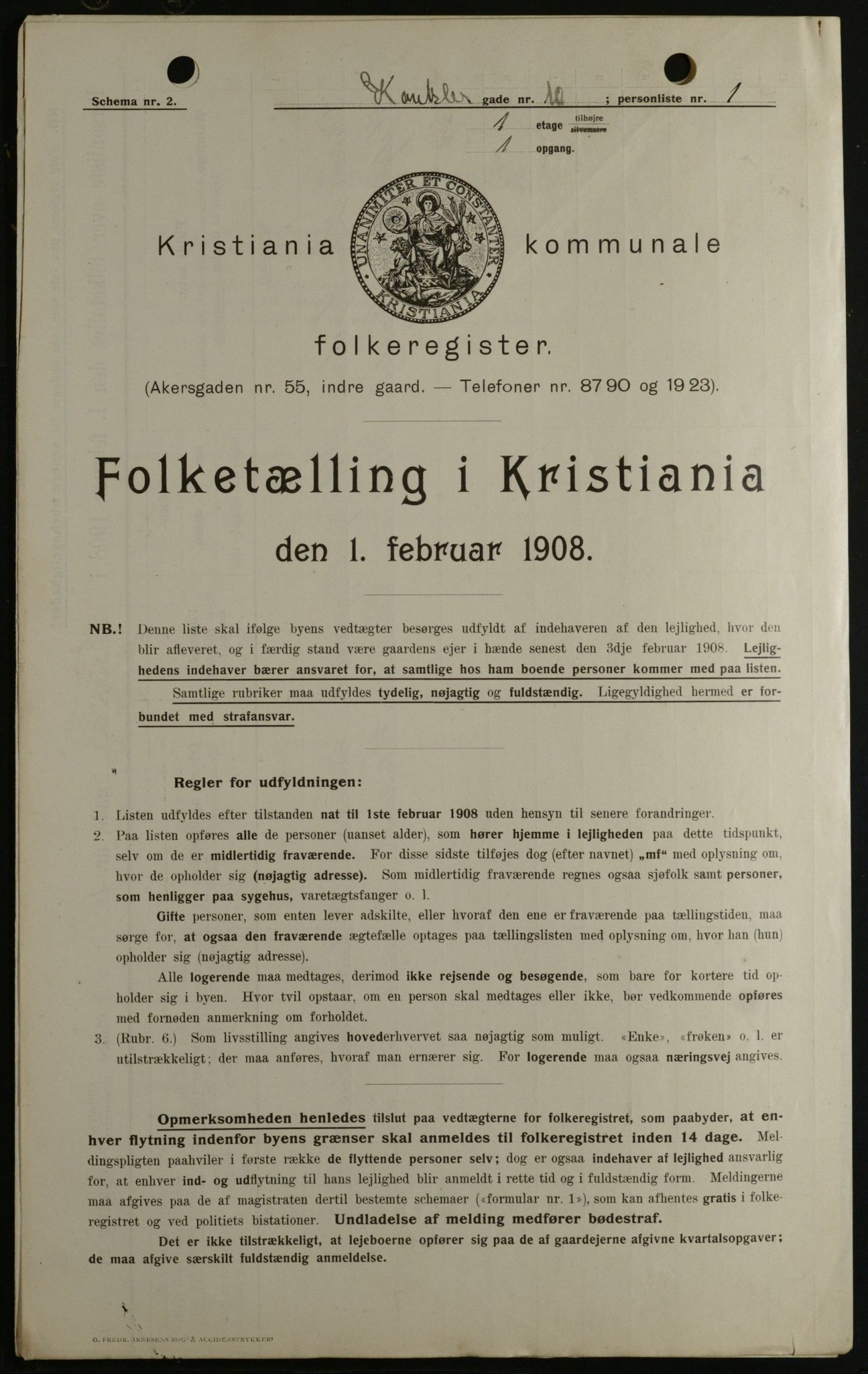 OBA, Kommunal folketelling 1.2.1908 for Kristiania kjøpstad, 1908, s. 43116