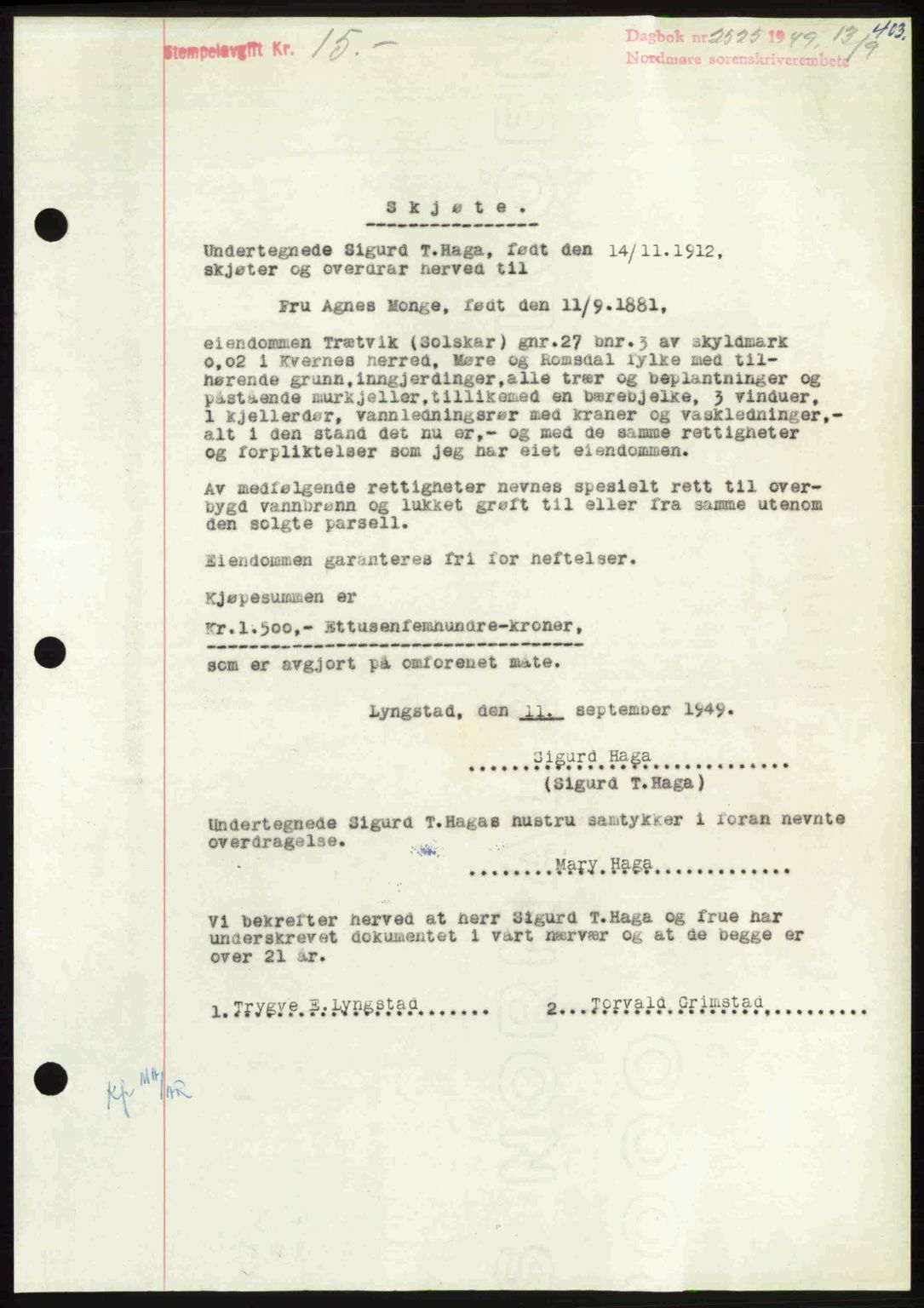 Nordmøre sorenskriveri, SAT/A-4132/1/2/2Ca: Pantebok nr. A112, 1949-1949, Dagboknr: 2525/1949