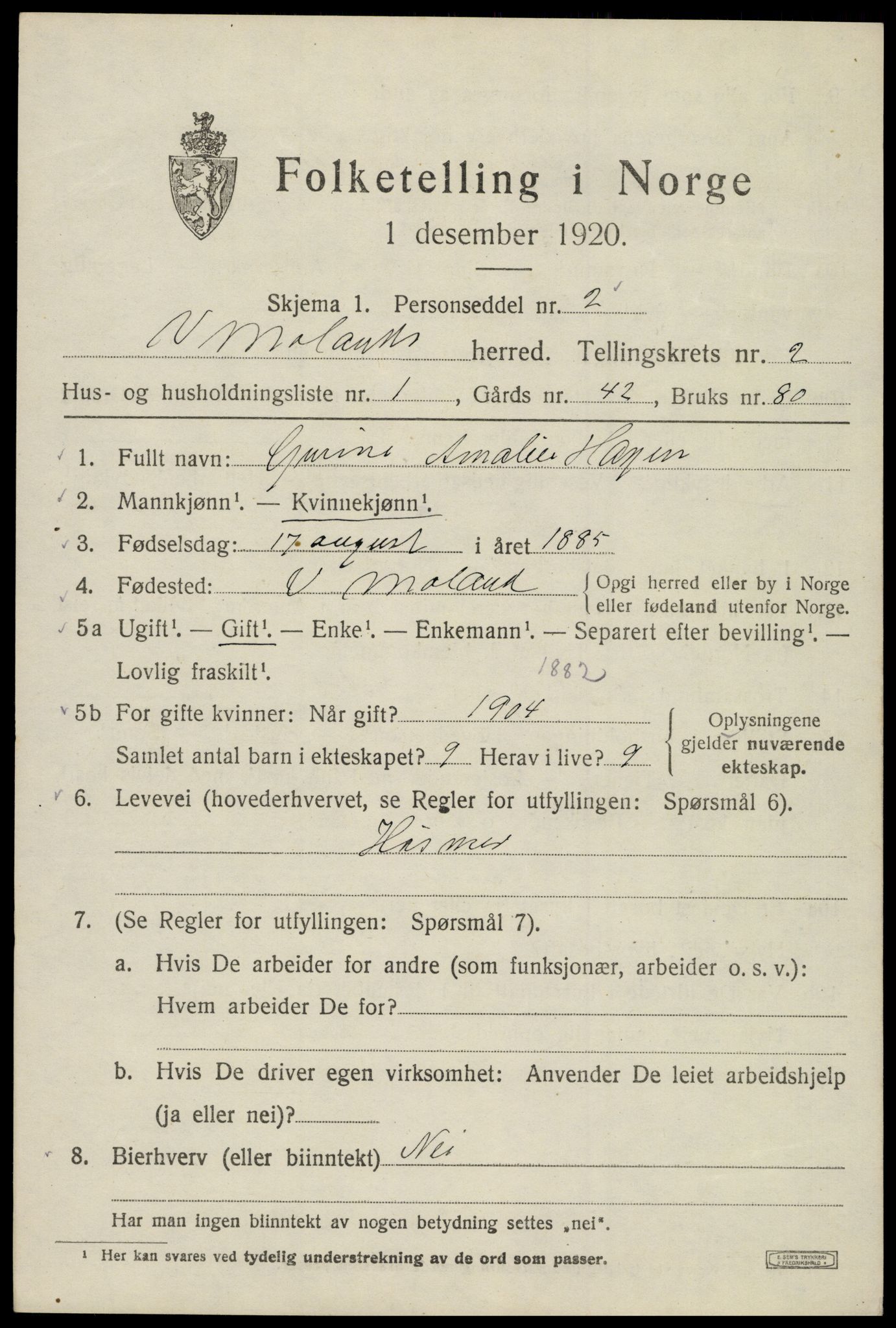 SAK, Folketelling 1920 for 0926 Vestre Moland herred, 1920, s. 2261