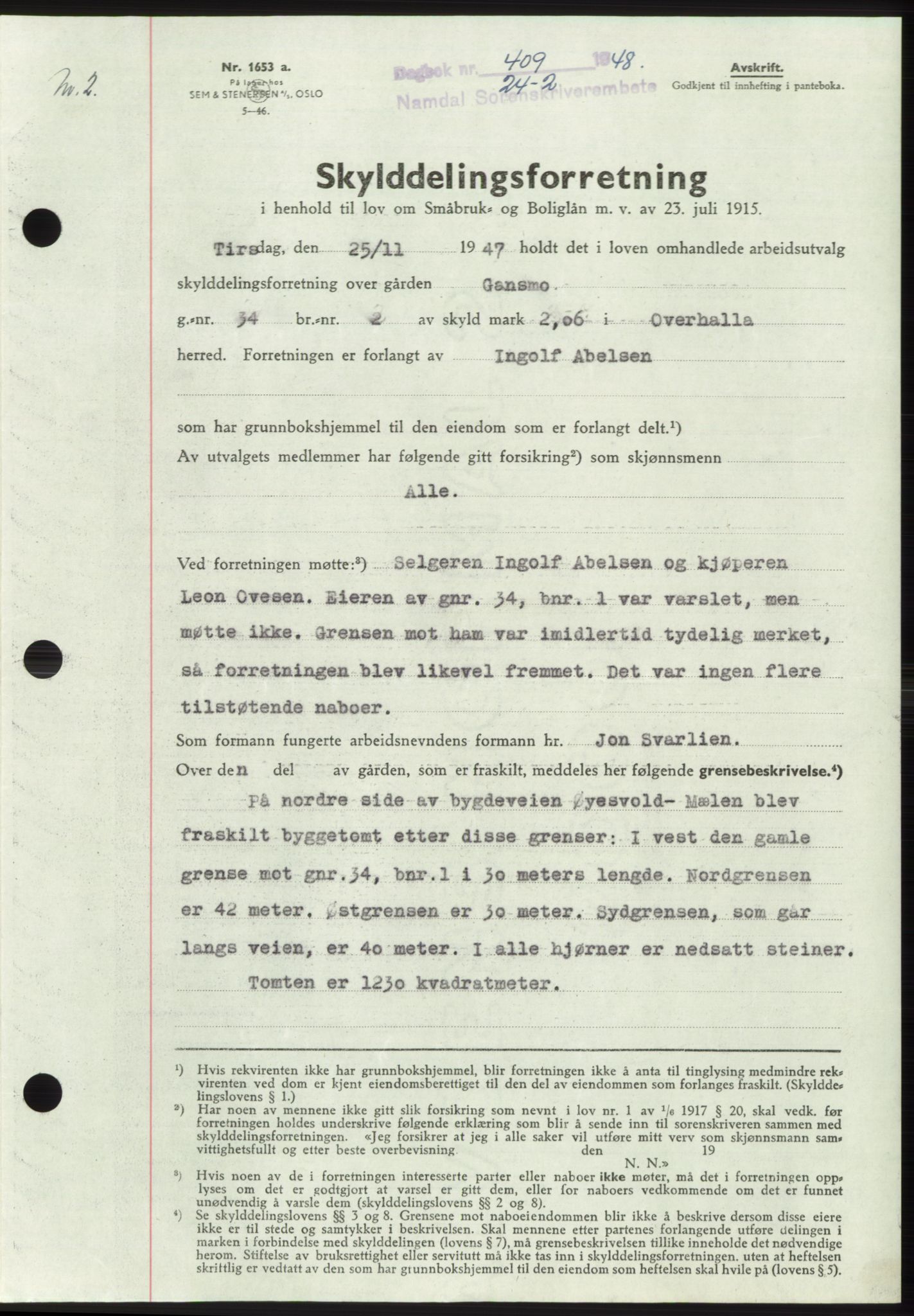 Namdal sorenskriveri, SAT/A-4133/1/2/2C: Pantebok nr. -, 1947-1948, Dagboknr: 409/1948