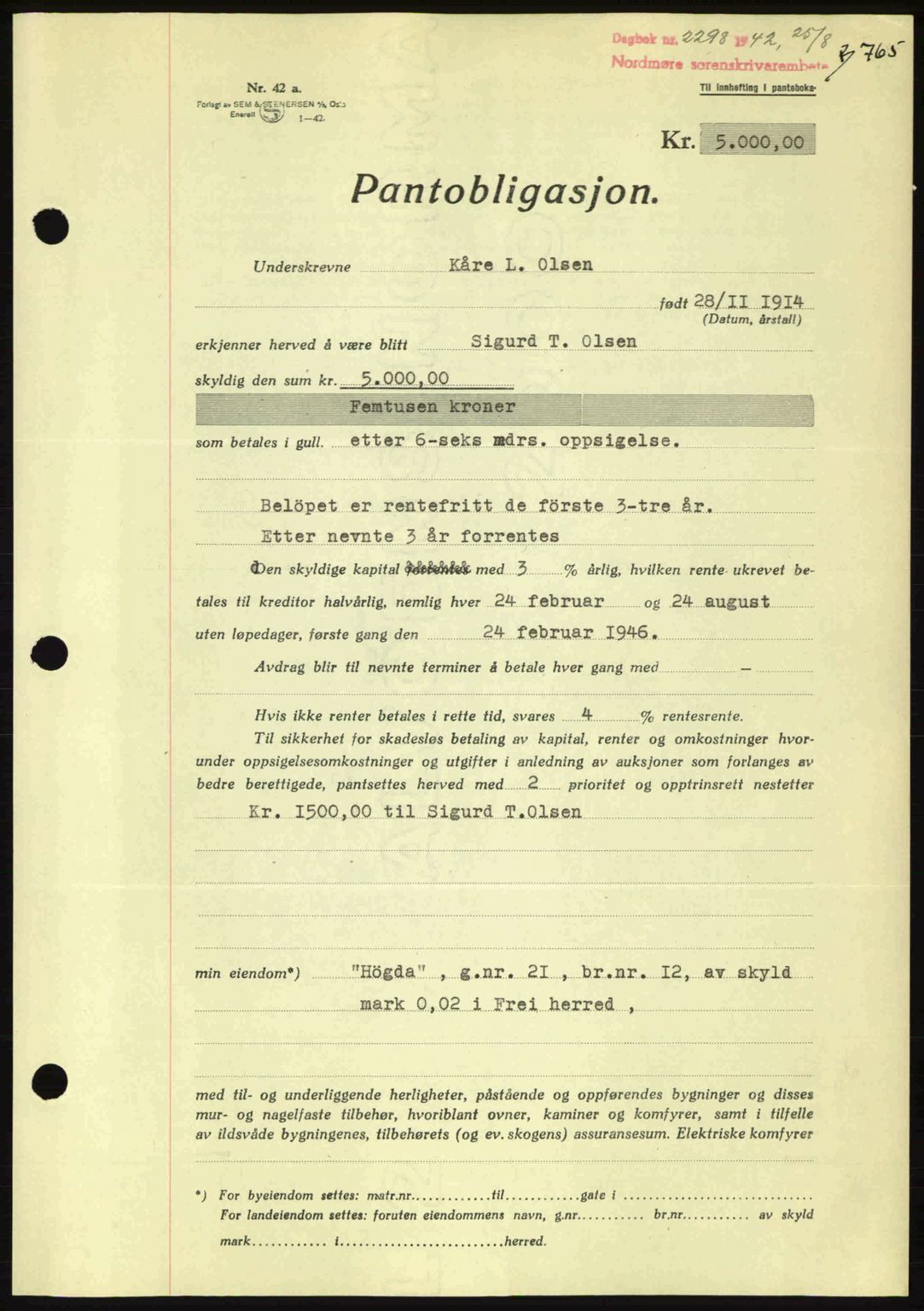 Nordmøre sorenskriveri, AV/SAT-A-4132/1/2/2Ca: Pantebok nr. B89, 1942-1942, Dagboknr: 2298/1942