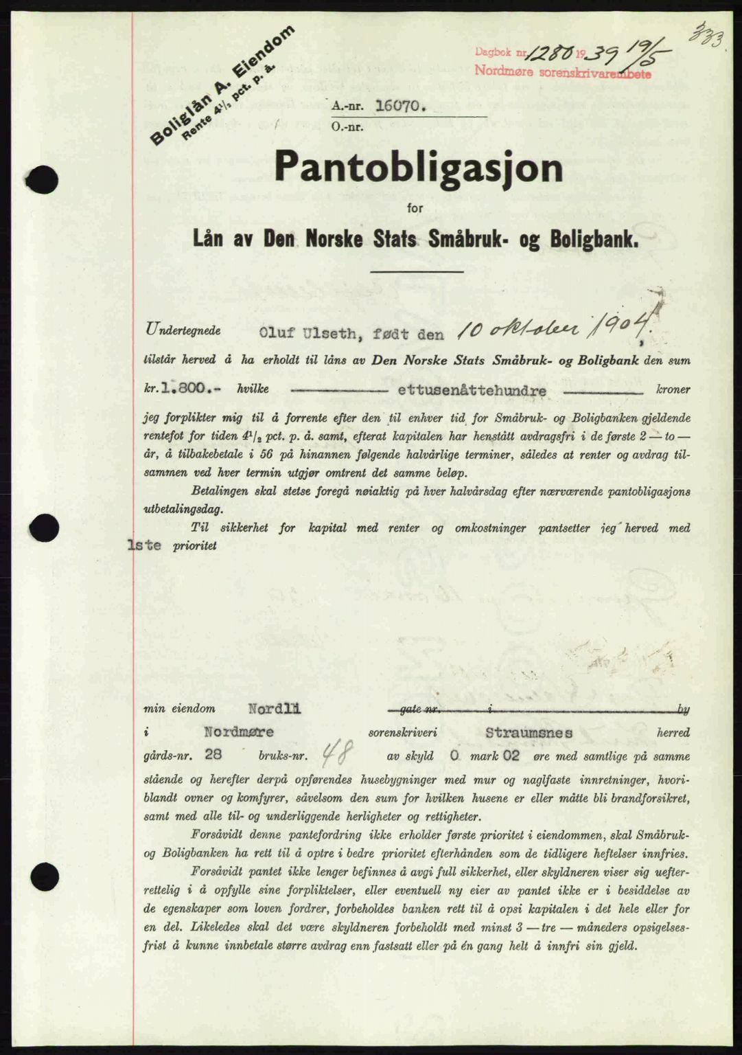 Nordmøre sorenskriveri, AV/SAT-A-4132/1/2/2Ca: Pantebok nr. B85, 1939-1939, Dagboknr: 1280/1939