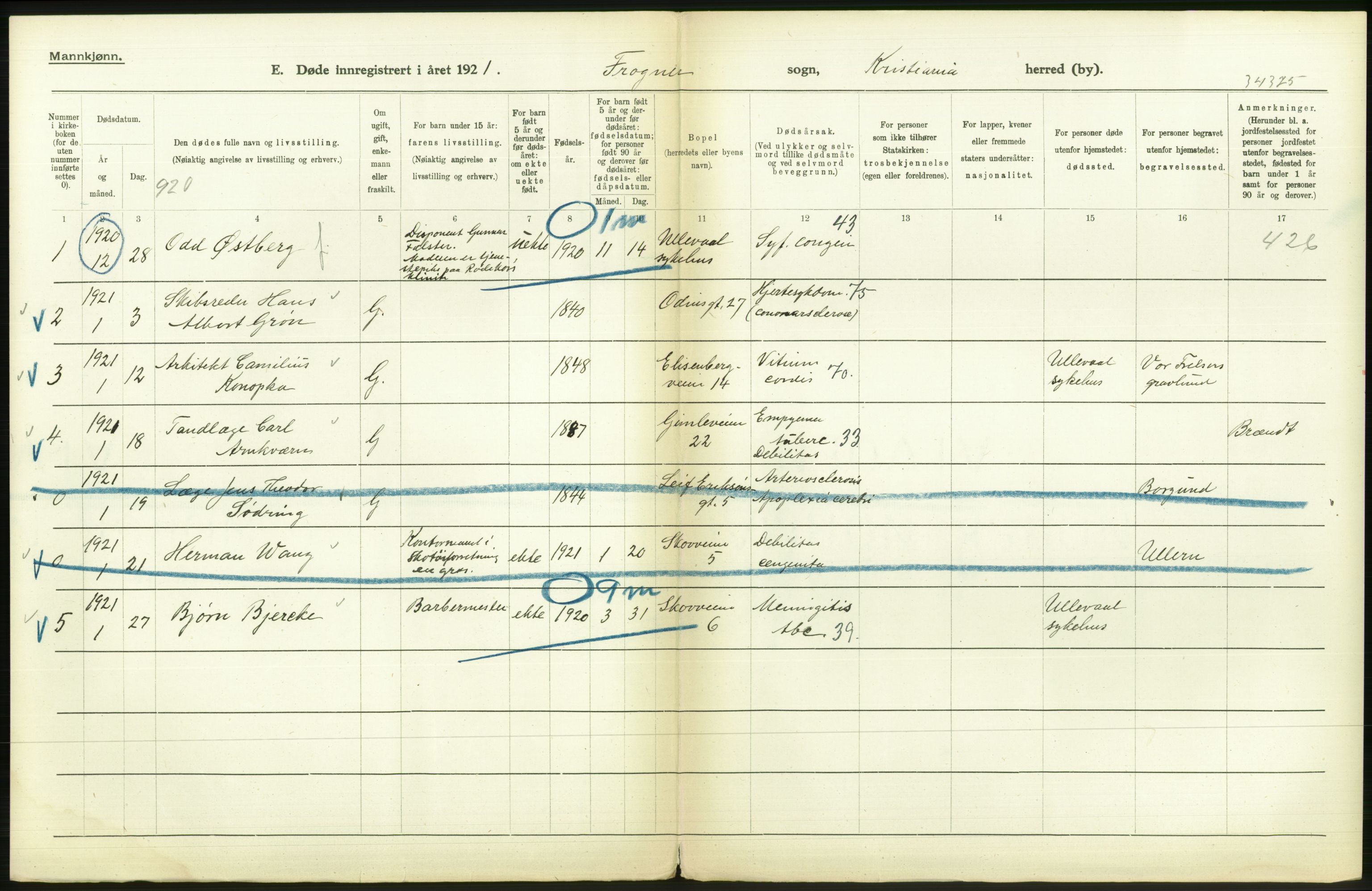 Statistisk sentralbyrå, Sosiodemografiske emner, Befolkning, AV/RA-S-2228/D/Df/Dfc/Dfca/L0012: Kristiania: Døde, 1921, s. 394