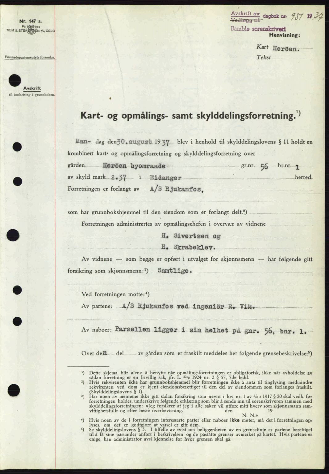 Bamble sorenskriveri, AV/SAKO-A-214/G/Ga/Gag/L0002: Pantebok nr. A-2, 1937-1938, Dagboknr: 951/1937