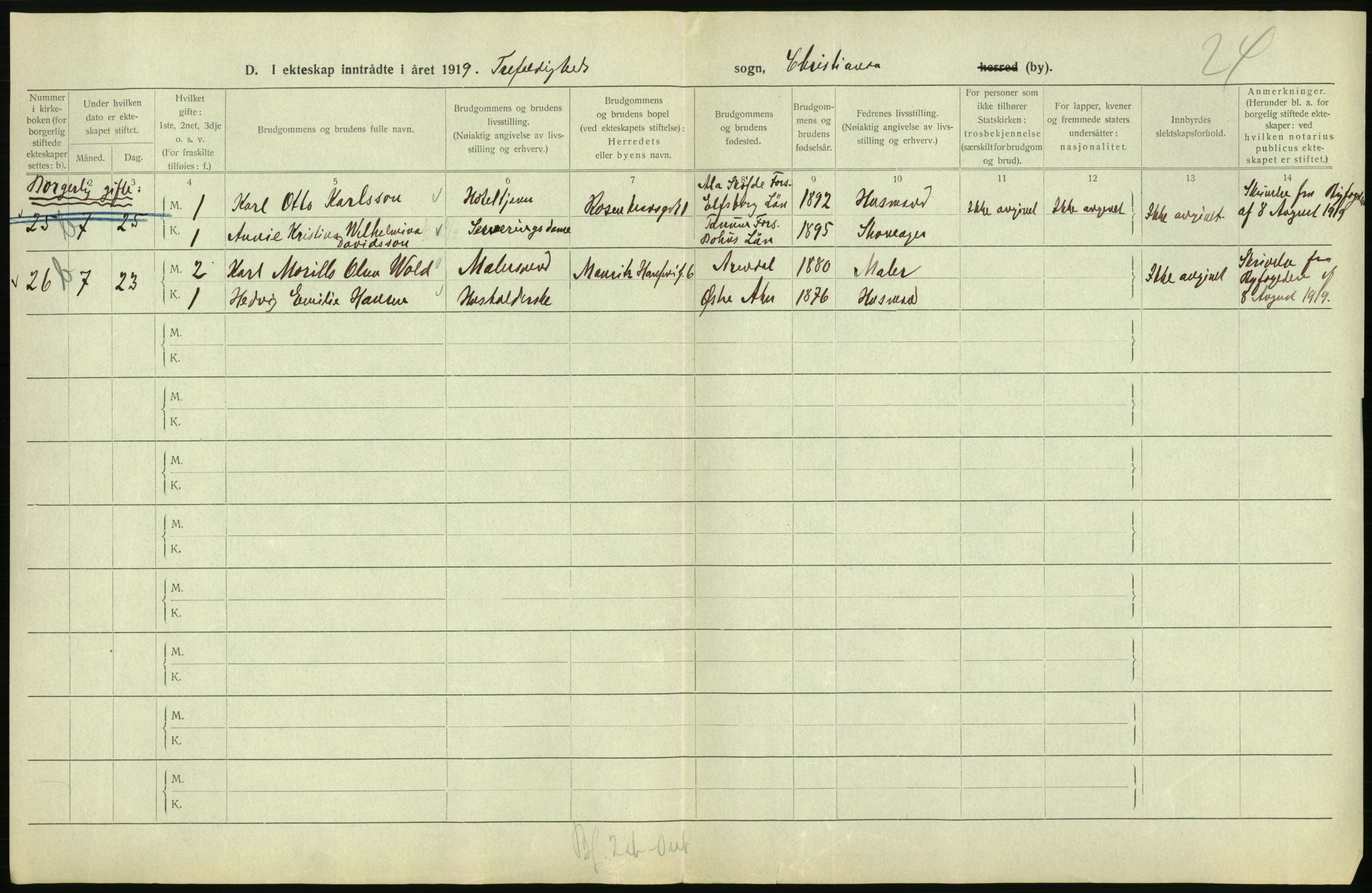 Statistisk sentralbyrå, Sosiodemografiske emner, Befolkning, AV/RA-S-2228/D/Df/Dfb/Dfbi/L0009: Kristiania: Gifte, 1919, s. 130