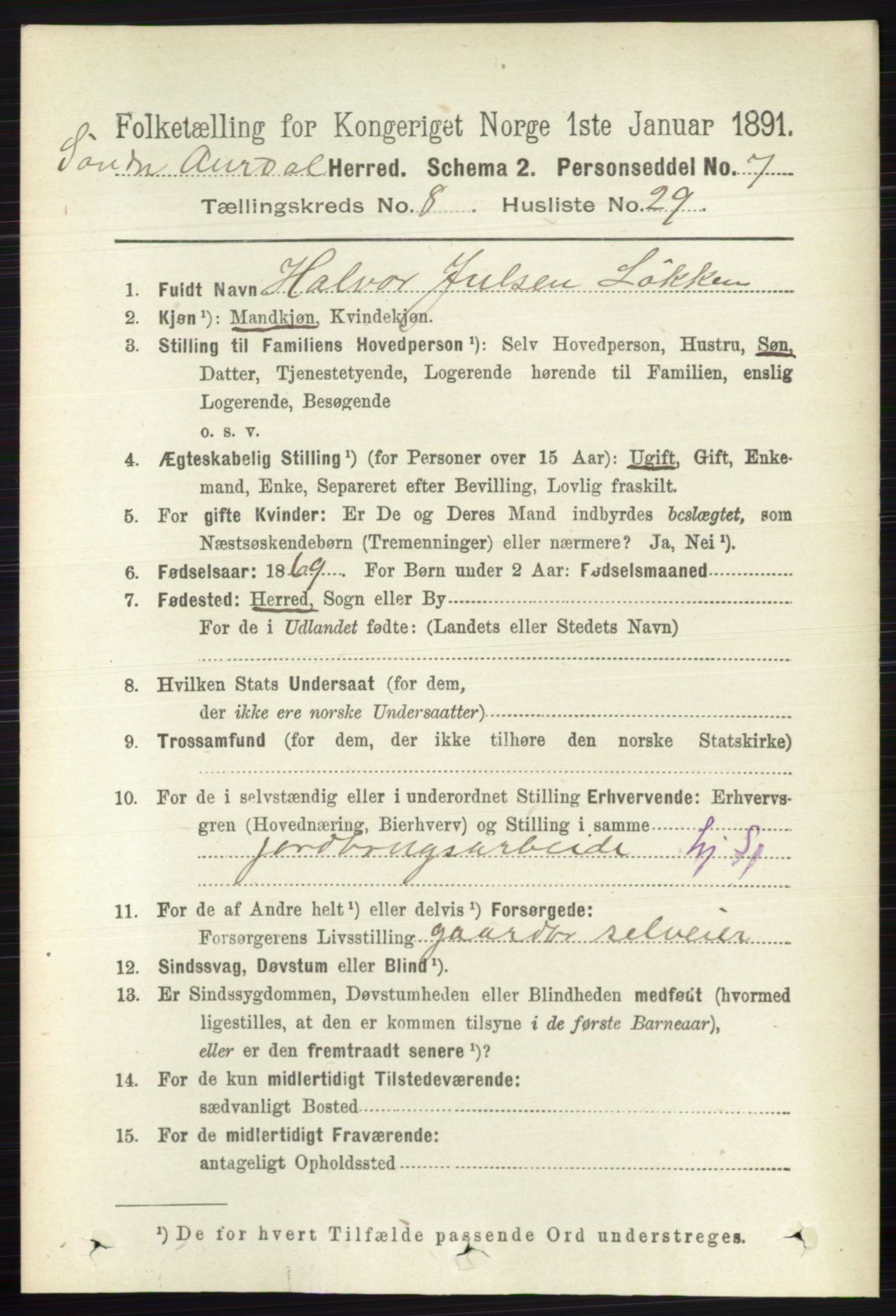 RA, Folketelling 1891 for 0540 Sør-Aurdal herred, 1891, s. 5049