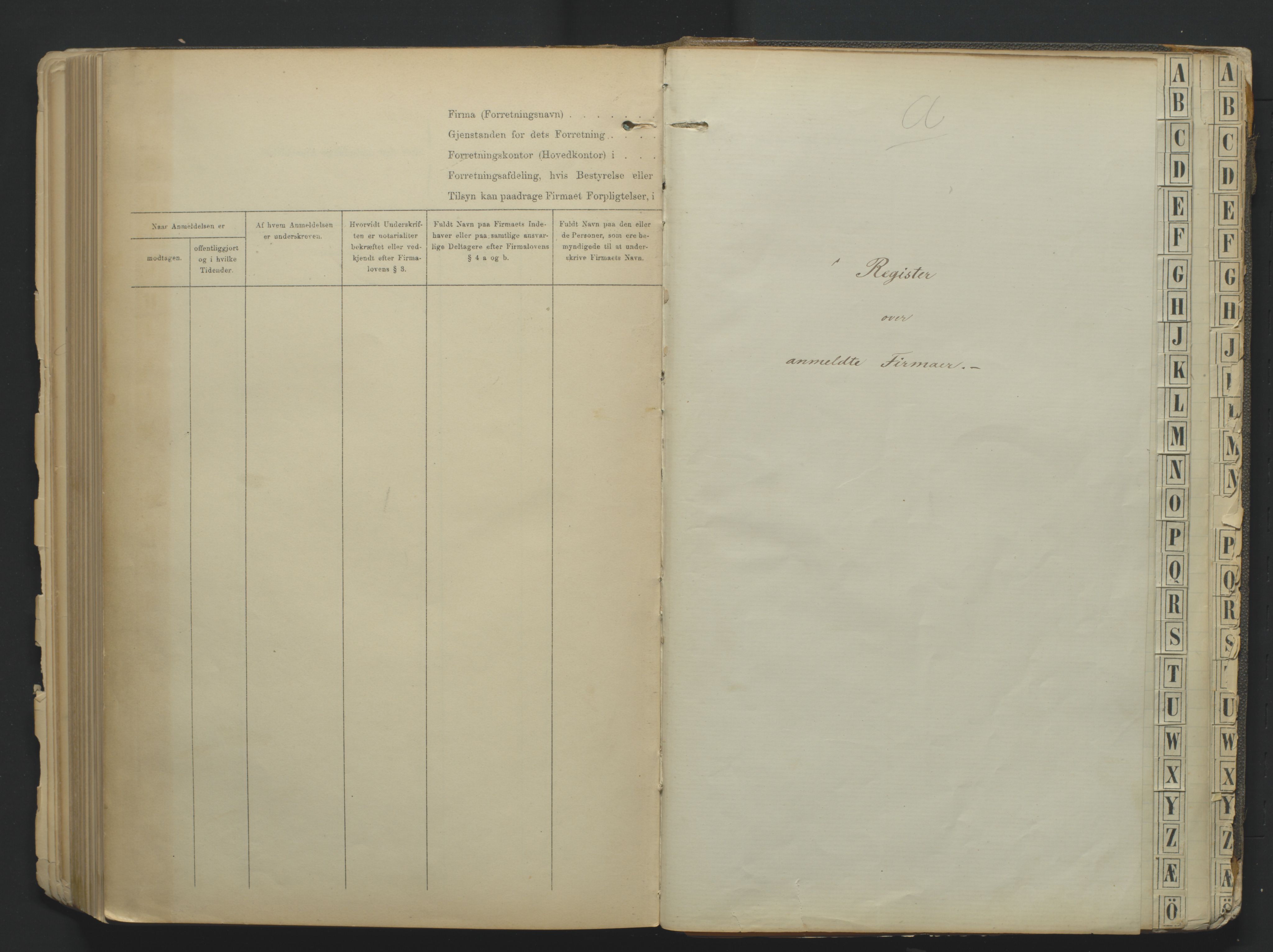 Kristiansand byrett, SAK/1223-0001/K/Kb/L0001: Firmaregister A, med register, 1874-1890