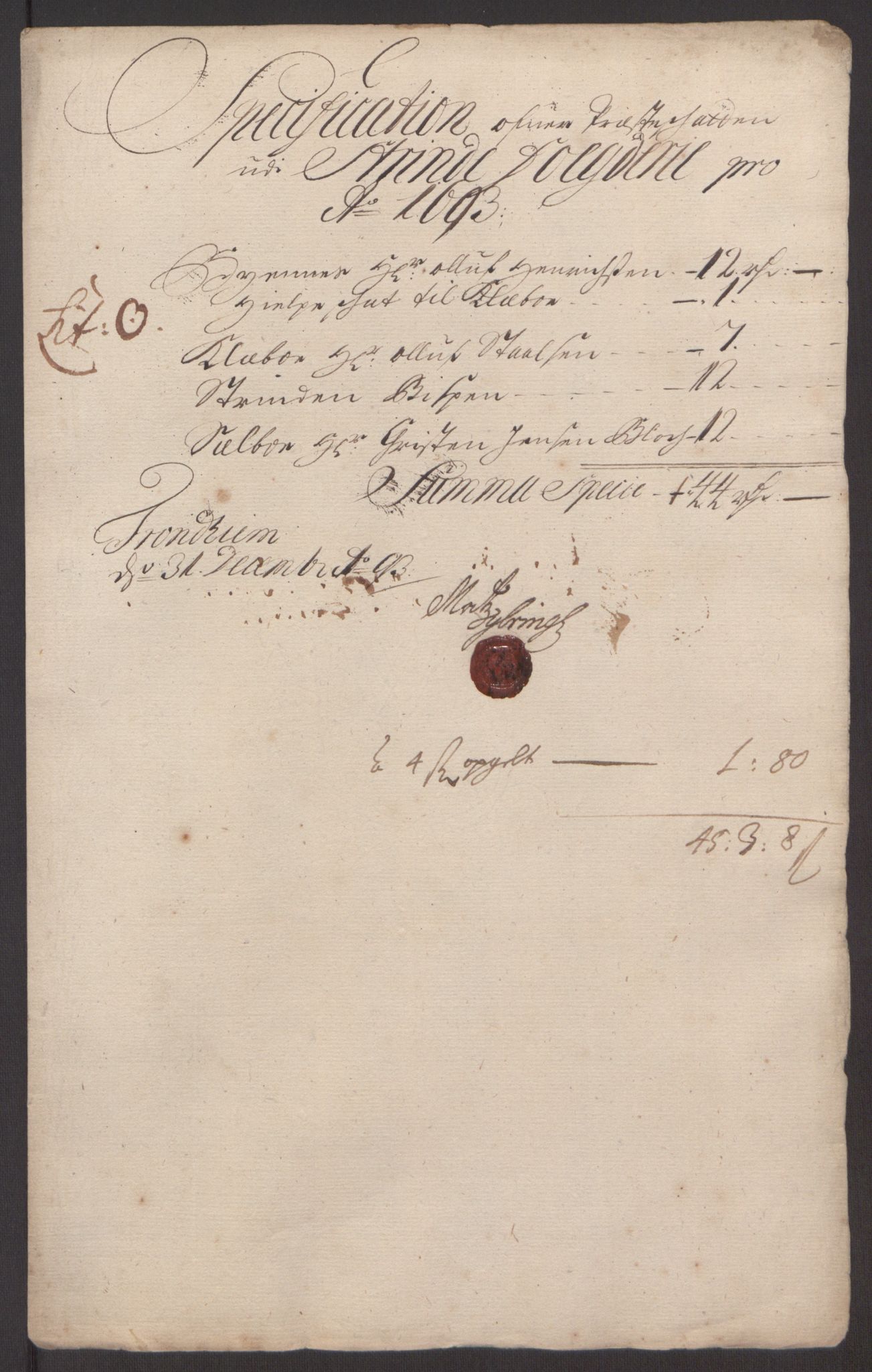 Rentekammeret inntil 1814, Reviderte regnskaper, Fogderegnskap, AV/RA-EA-4092/R61/L4104: Fogderegnskap Strinda og Selbu, 1693-1694, s. 145