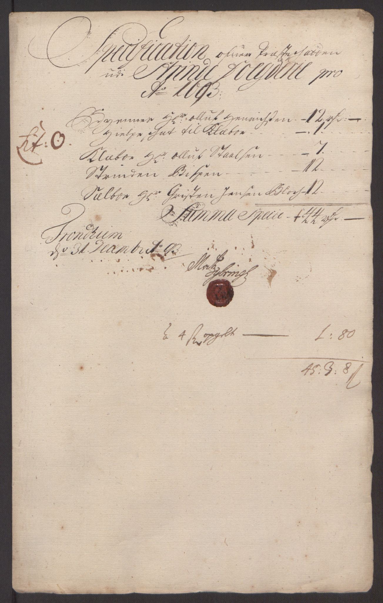 Rentekammeret inntil 1814, Reviderte regnskaper, Fogderegnskap, RA/EA-4092/R61/L4104: Fogderegnskap Strinda og Selbu, 1693-1694, s. 145