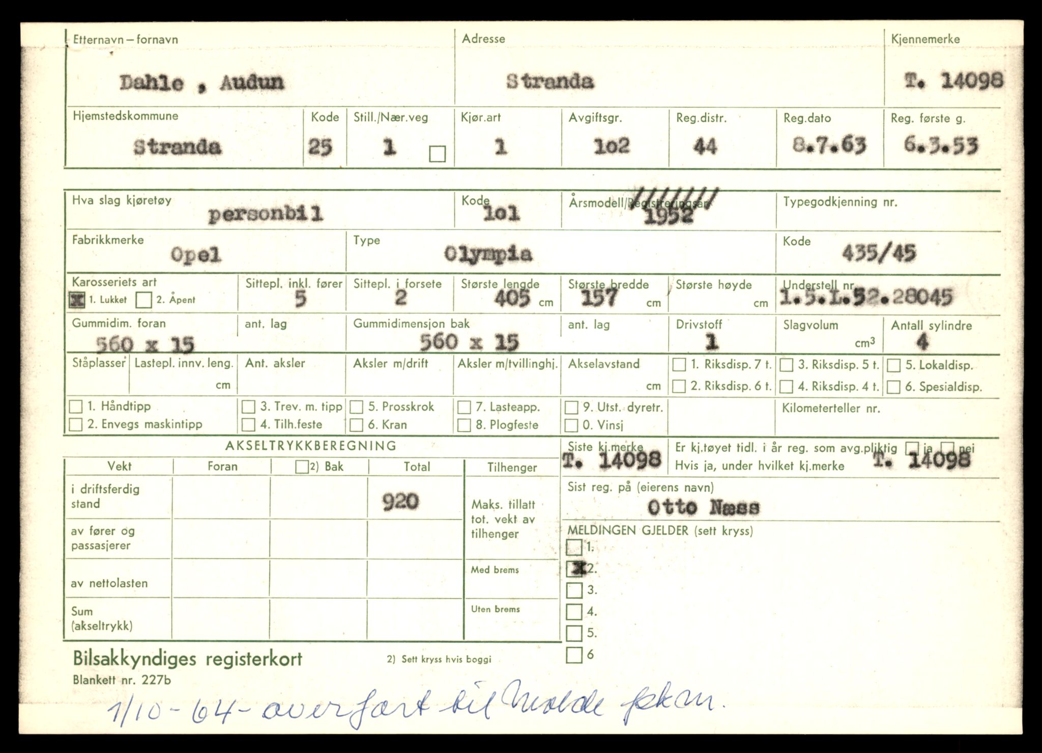Møre og Romsdal vegkontor - Ålesund trafikkstasjon, AV/SAT-A-4099/F/Fe/L0043: Registreringskort for kjøretøy T 14080 - T 14204, 1927-1998, s. 461