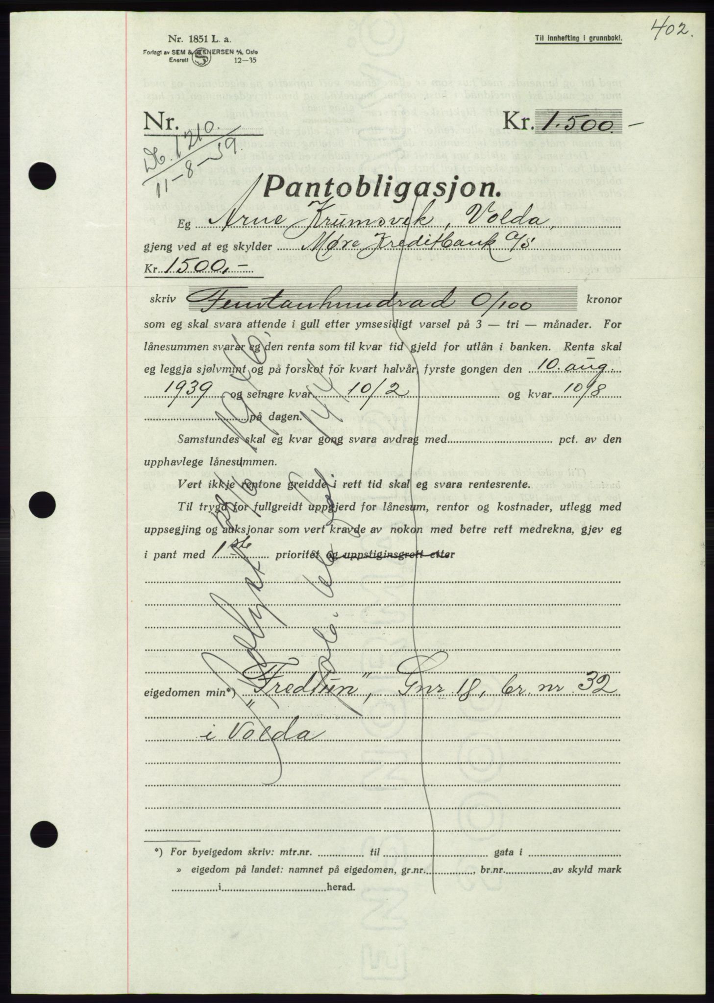 Søre Sunnmøre sorenskriveri, AV/SAT-A-4122/1/2/2C/L0068: Pantebok nr. 62, 1939-1939, Dagboknr: 1210/1939