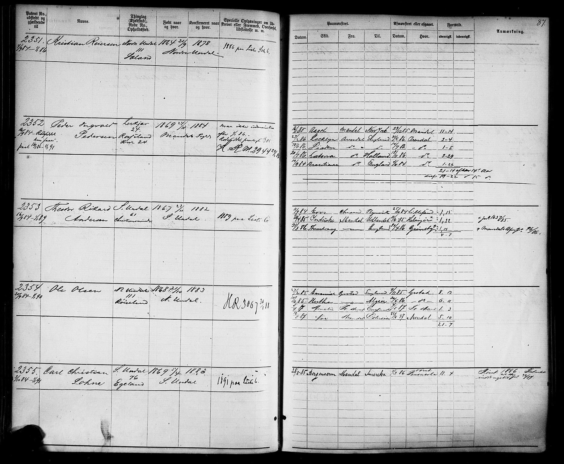 Mandal mønstringskrets, SAK/2031-0016/F/Fa/L0002: Annotasjonsrulle nr 1921-3830 med register, L-4, 1881-1901, s. 120