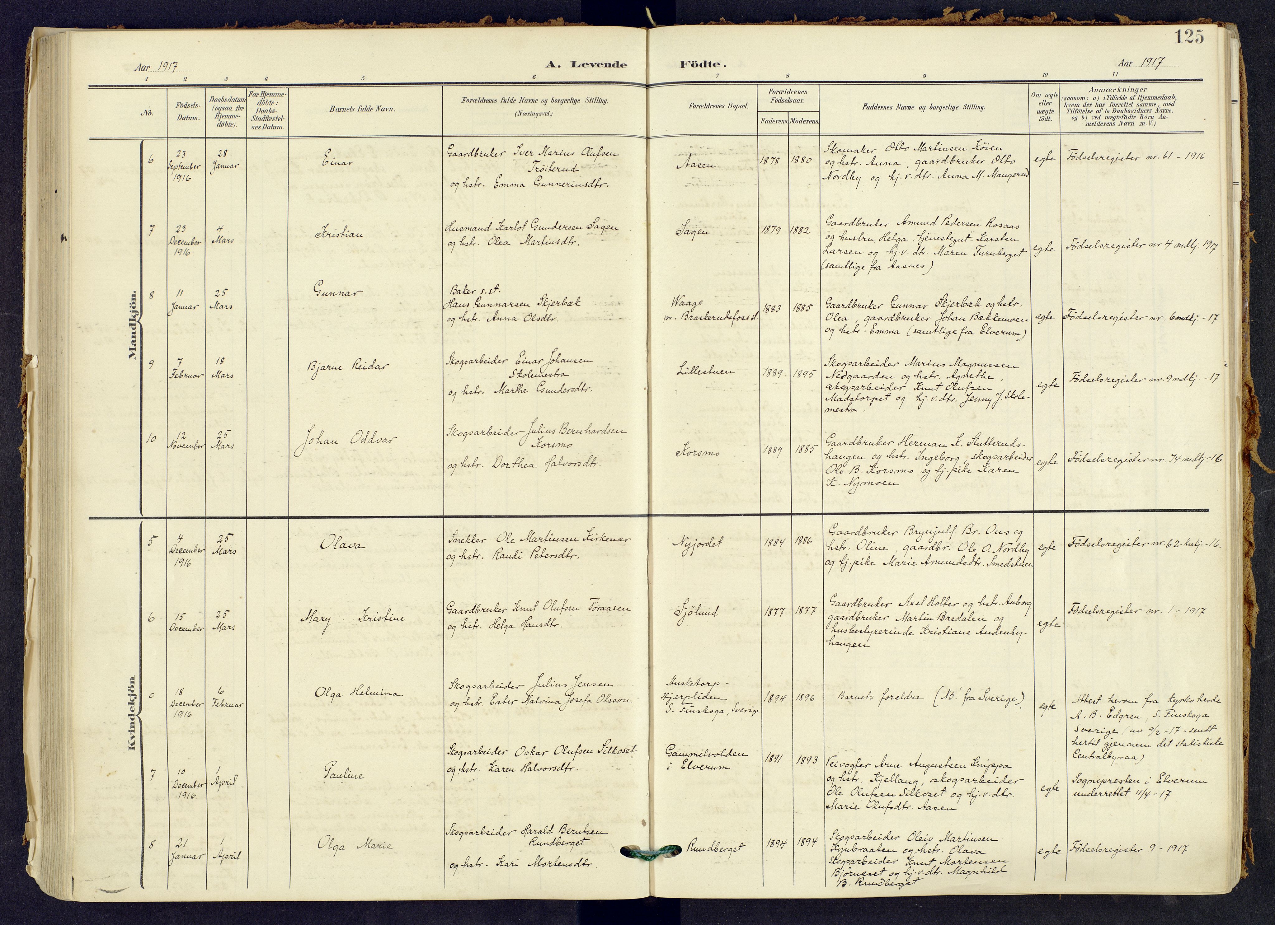 Våler prestekontor, Hedmark, AV/SAH-PREST-040/H/Ha/Haa/L0008: Ministerialbok nr. 8, 1905-1921, s. 125