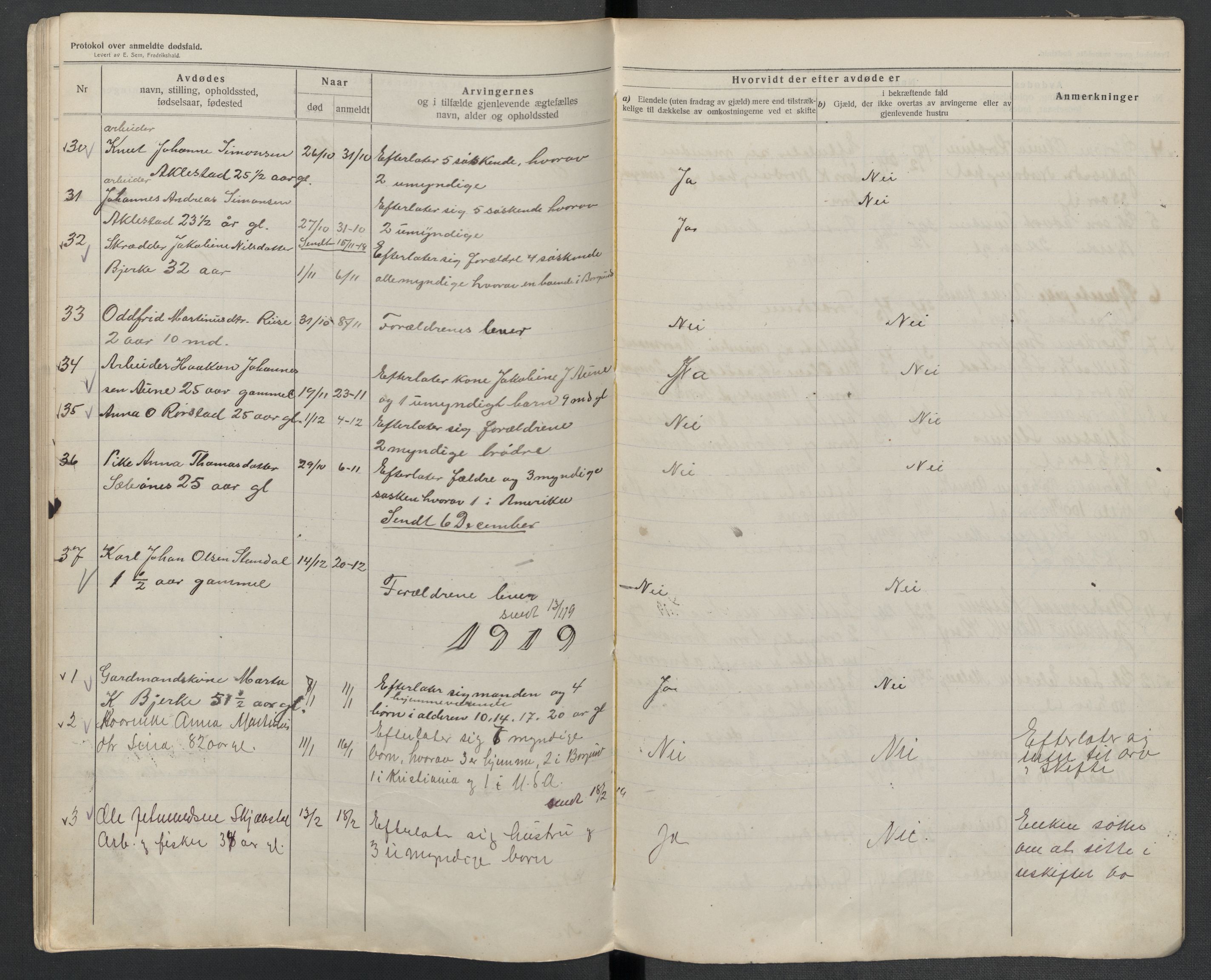 Hjørundfjord lensmannskontor, AV/SAT-A-5879/1/2/L0005: 2.2.02 - Dødsfallsprotokoll, 1913-1923